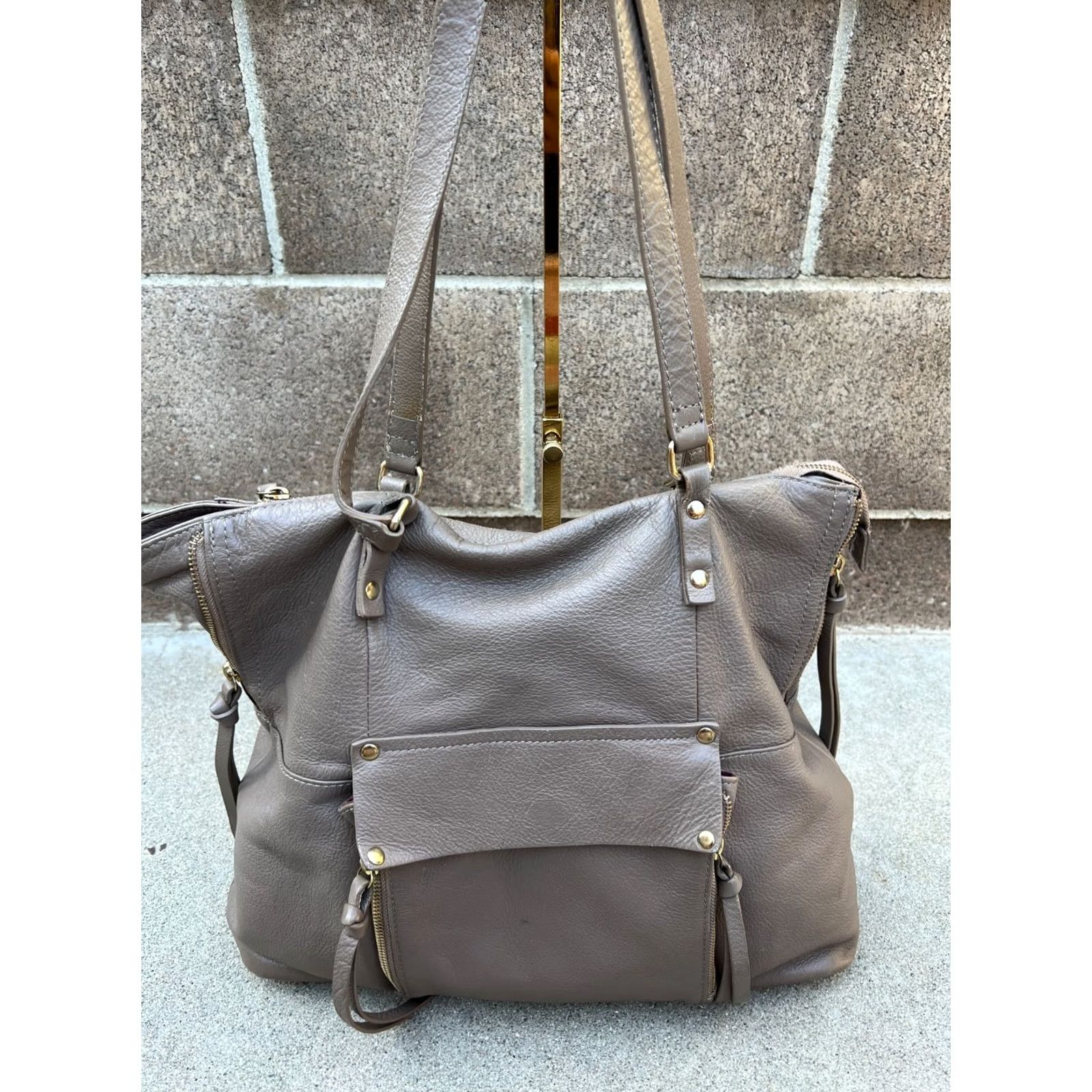 Vintage Kooba Satchel Shoulder Bag Purse Women's Leather Zipper Brown Crossbody Gray Brown Purled Pebbled Handbag Medium 14W x 12H x 4D Size ONE SIZE - 2 Thumbnail