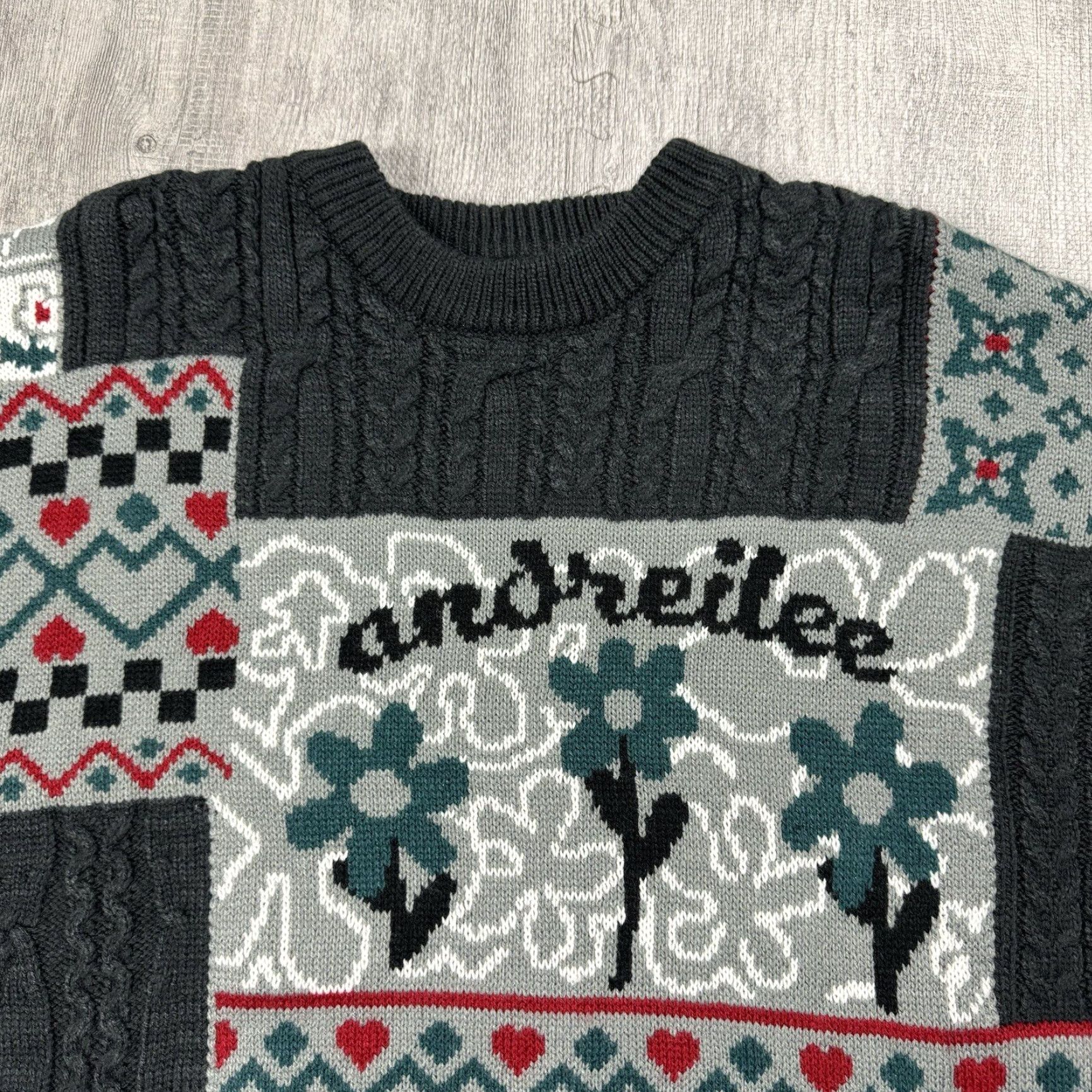 Vintage AELFRIC EDEN Gray Floral Patchwork Knit Sweater Pullover Medium Oversized Lightweight 80s Unisex Adults Size M / US 6-8 / IT 42-44 - 2 Thumbnail