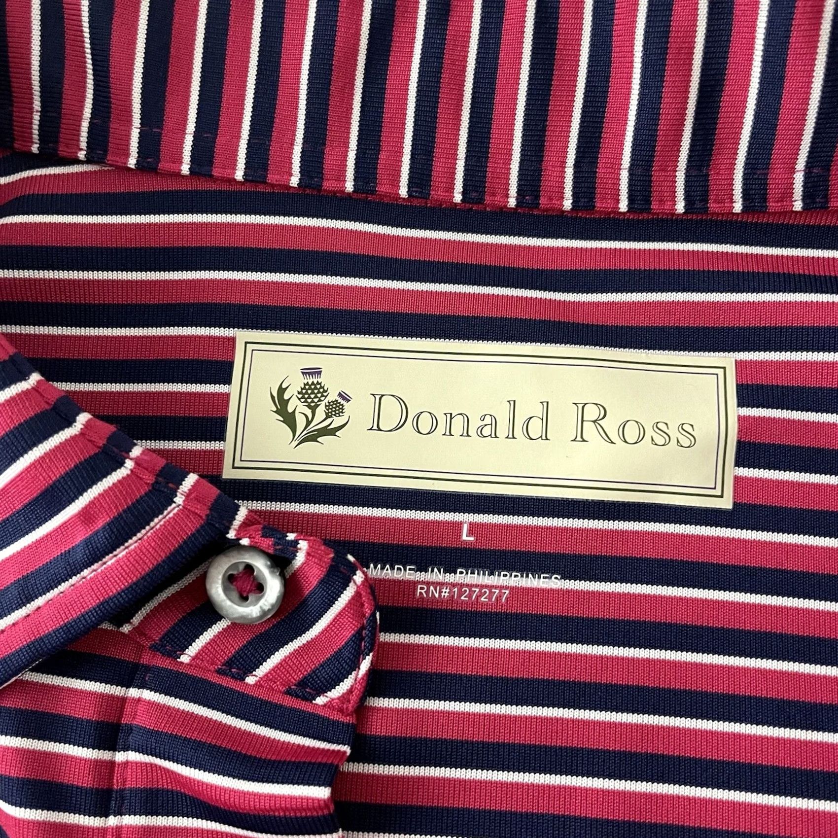 Vintage Donald Ross Short Sleeve Striped Golf Polo Shirt Men L Pink Button-Up Embroidered Polyester White? Size US L / EU 52-54 / 3 - 3 Thumbnail