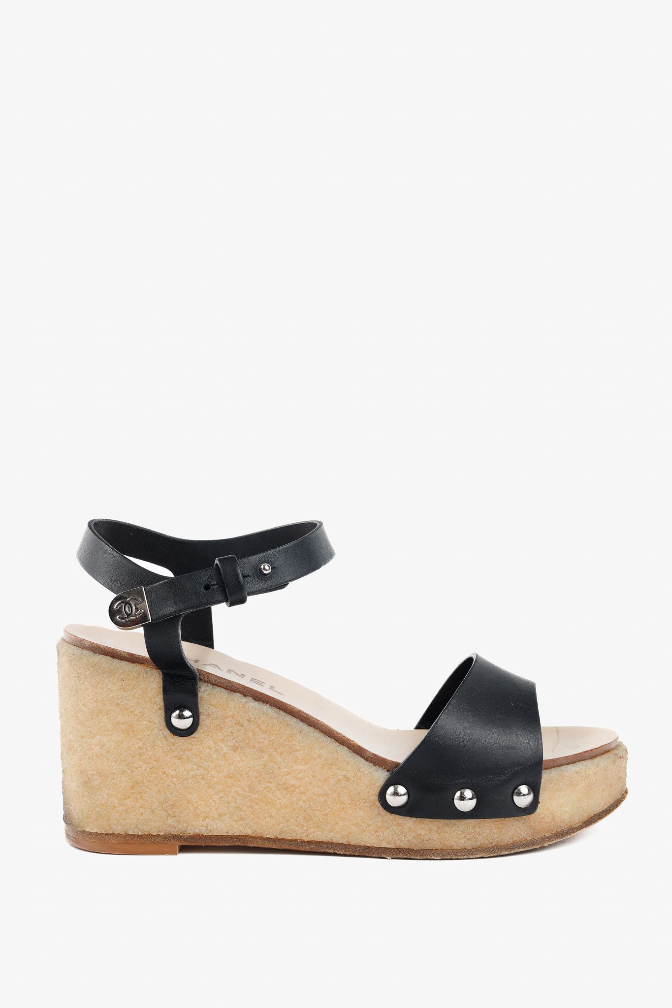 Chanel Chanel Black Leather Platform Wedge Sandals Size US 4 / IT 34 - 1 Thumbnail