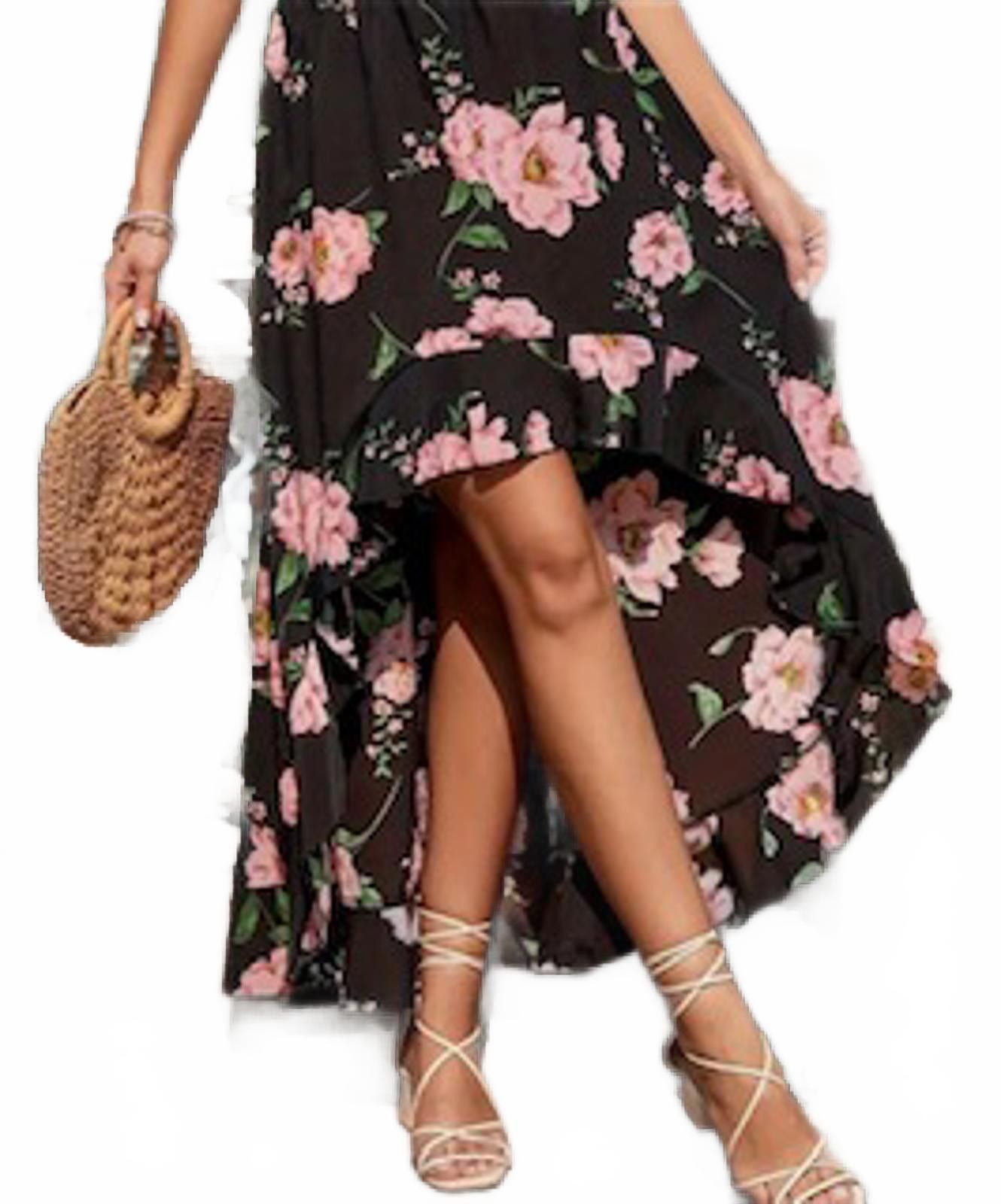 Designer Floral Ruffled Hi-Low Skirt - Black with Pink Flowers Size 42" / US 20 - 1 Thumbnail