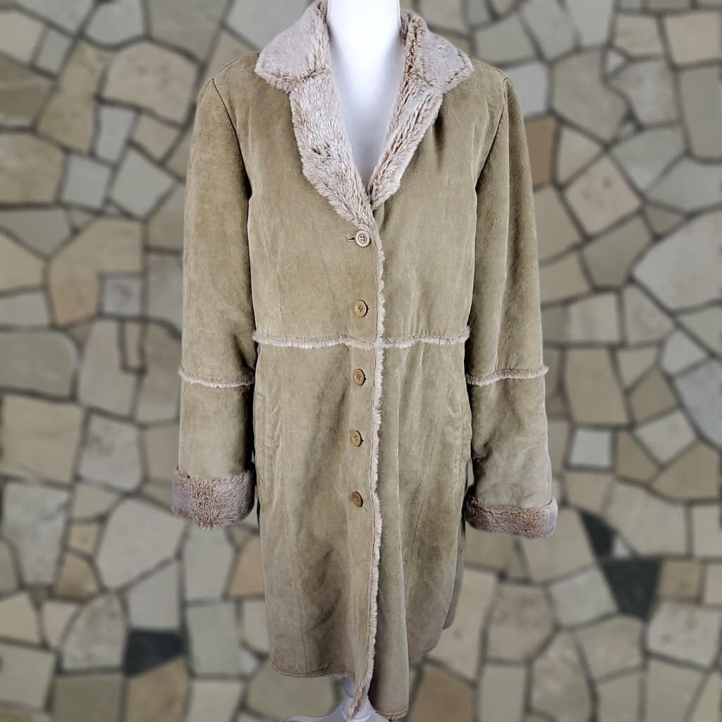 Vintage Brandon Thomas Suede Leather Jacket Coat Pea Coat Faux Fur Trim Tan Size L Womens Brown Size L / US 10 / IT 46 - 1 Thumbnail