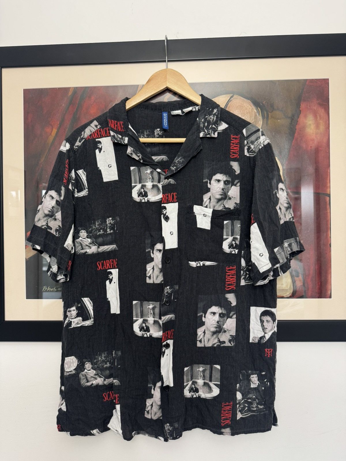 Scarface h&m movie button up shirt gun gangsta collab rayon