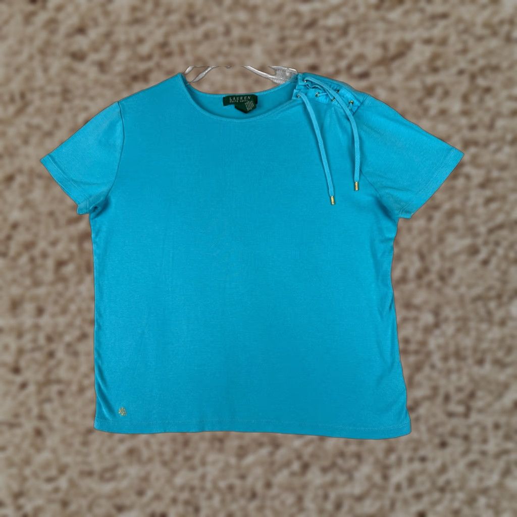 Ralph Lauren VINTAGE Lauren Ralph Lauren Shirt Women L Blue Short Sleeve Cotton Round Neck LRL Size L / US 10 / IT 46 - 1 Thumbnail