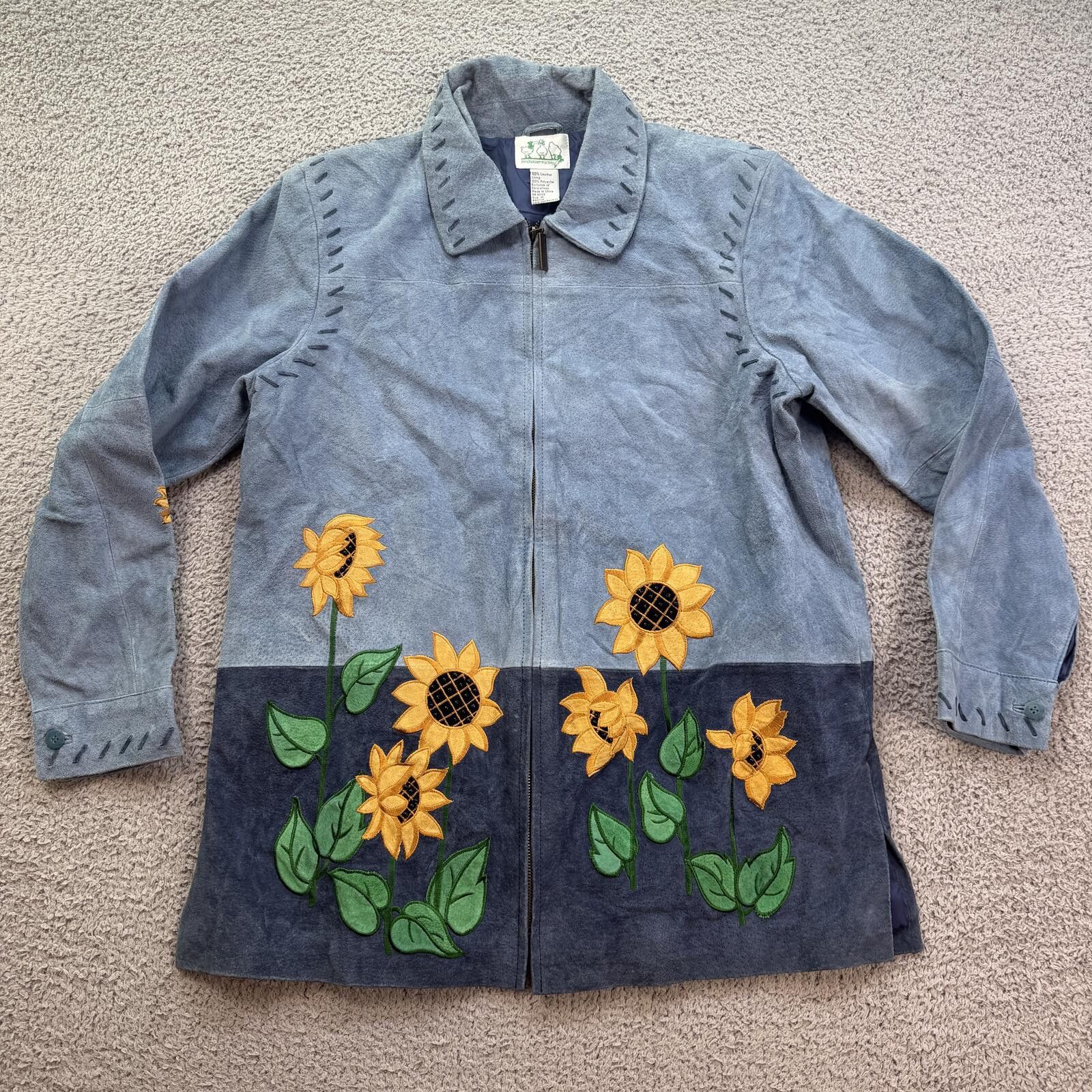 Other Vintage Sunflower Suede Leather Jacket Blue Embroidered Size M / US 6-8 / IT 42-44 - 1 Thumbnail