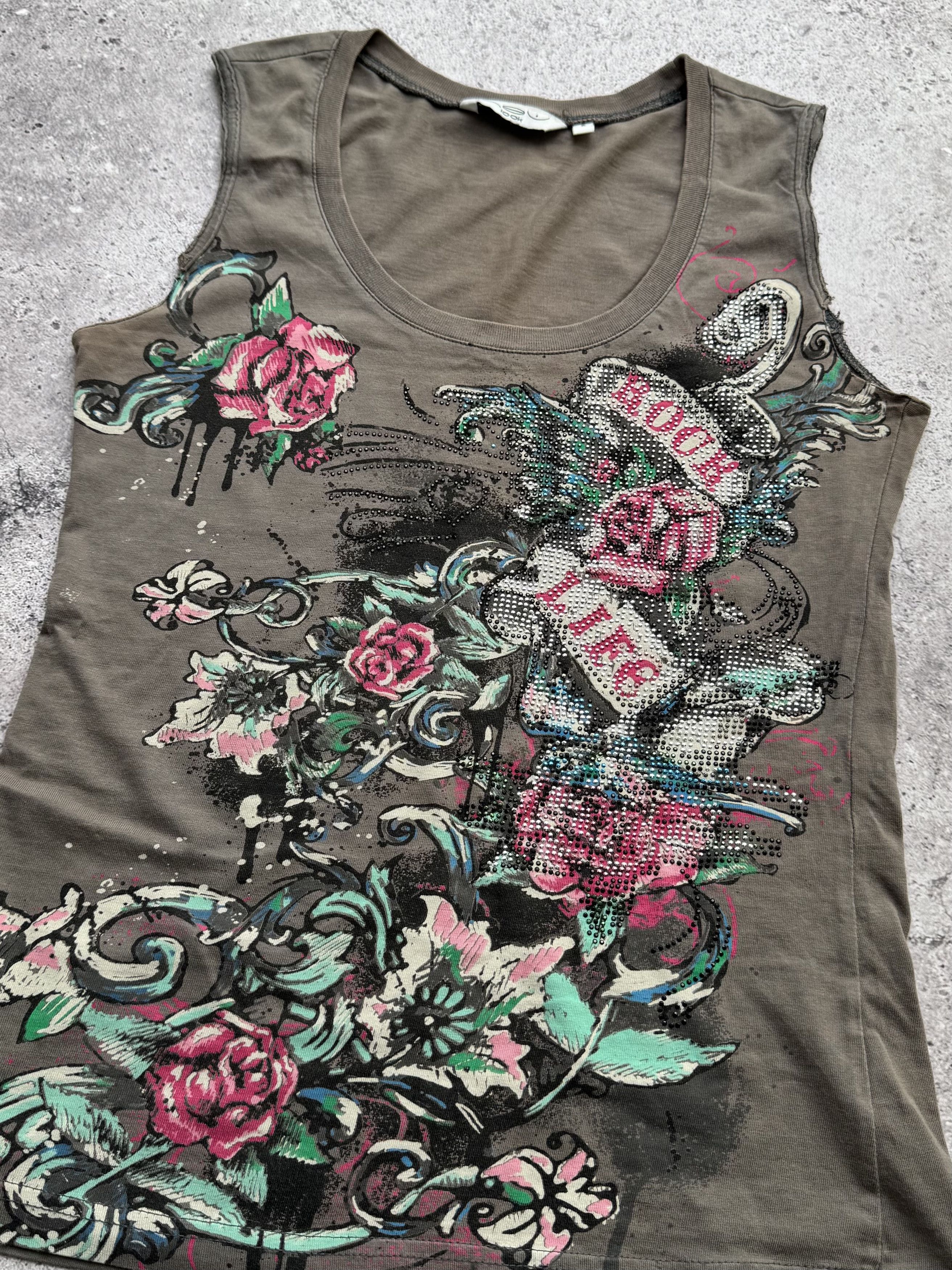 Vintage Y2K Graphic Tank Top Floral Rhinestone Tattoo Style (E8) Size S / US 4 / IT 40 - 2 Thumbnail