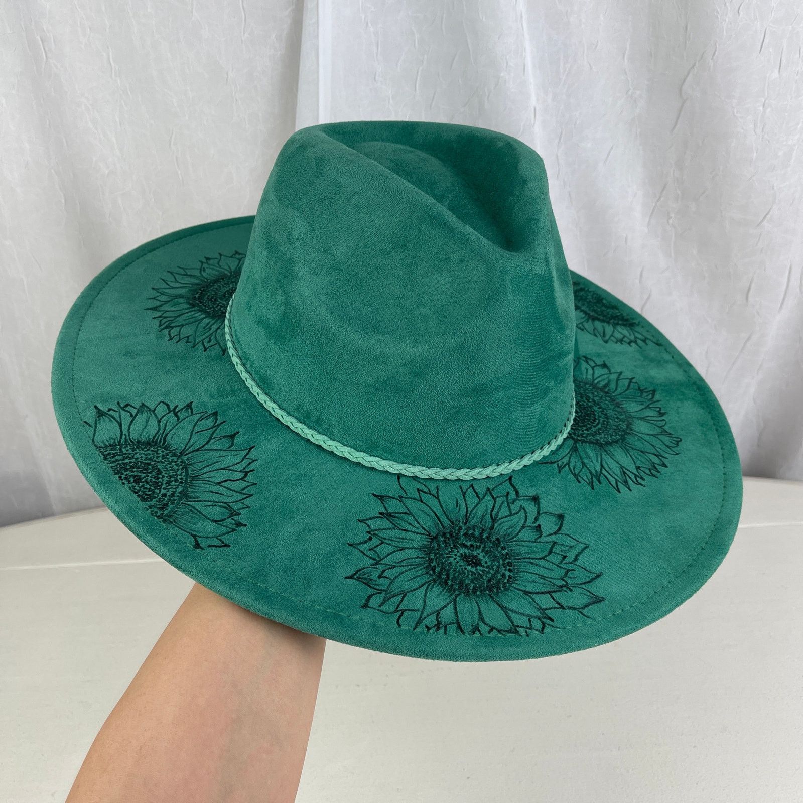 Handmade Green Faux Suede Wide Flat Brim Hat Sunflowers ADJUSTABLE SZ Size ONE SIZE - 2 Thumbnail