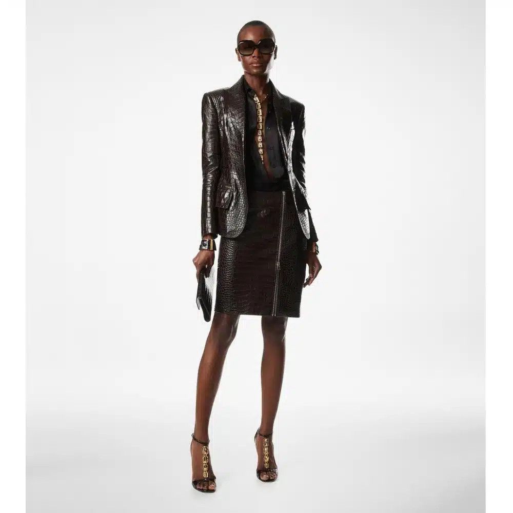 Tom Ford o1loc1c0325 GIL534 Croco Effect Leather Jacket in Dark Brown Size XS / US 0-2 / IT 36-38 - 2 Thumbnail