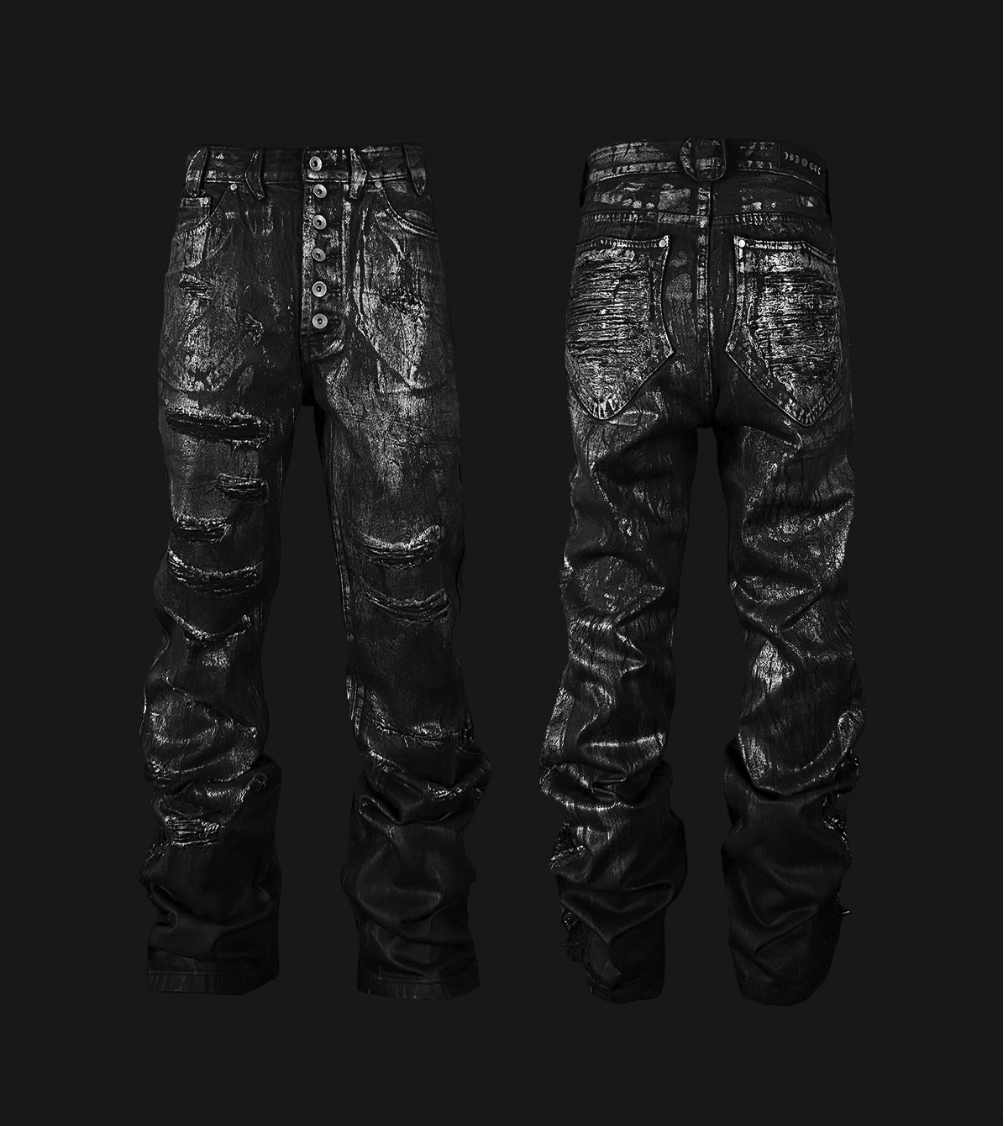 Other Y2K Black Destruction Brush Silver Heavy Work Wide Leg jeans Size US 34 / EU 50 - 1 Thumbnail