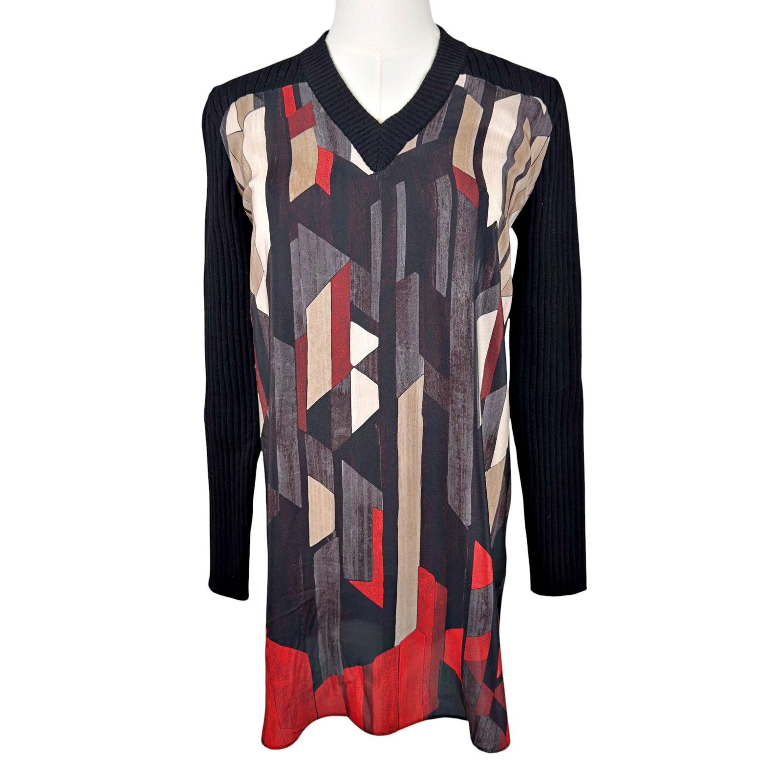 Salvatore Ferragamo Salvatore Ferragamo Wool V-Neck Abstract Sweater Tunic Size S / US 4 / IT 40 - 2 Thumbnail