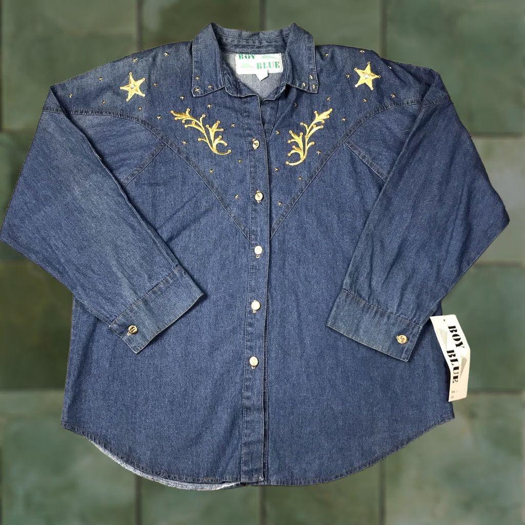 Denime VINTAGE Boy Blue 90s Western Style Embroidered Blue Denim Button-Up Shirt Women XL Size XL / US 12-14 / IT 48-50 - 1 Thumbnail