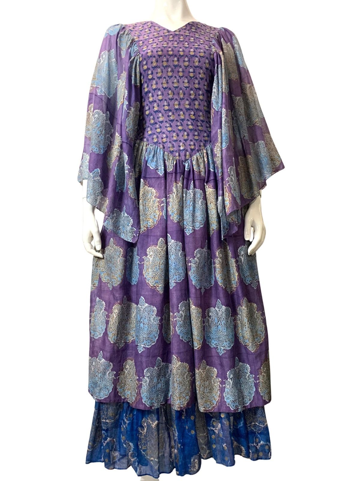 image of 1970S Indian Block Print Cotton Gauze Maxi Dress Vintage in Purple, Women's (Size Small)