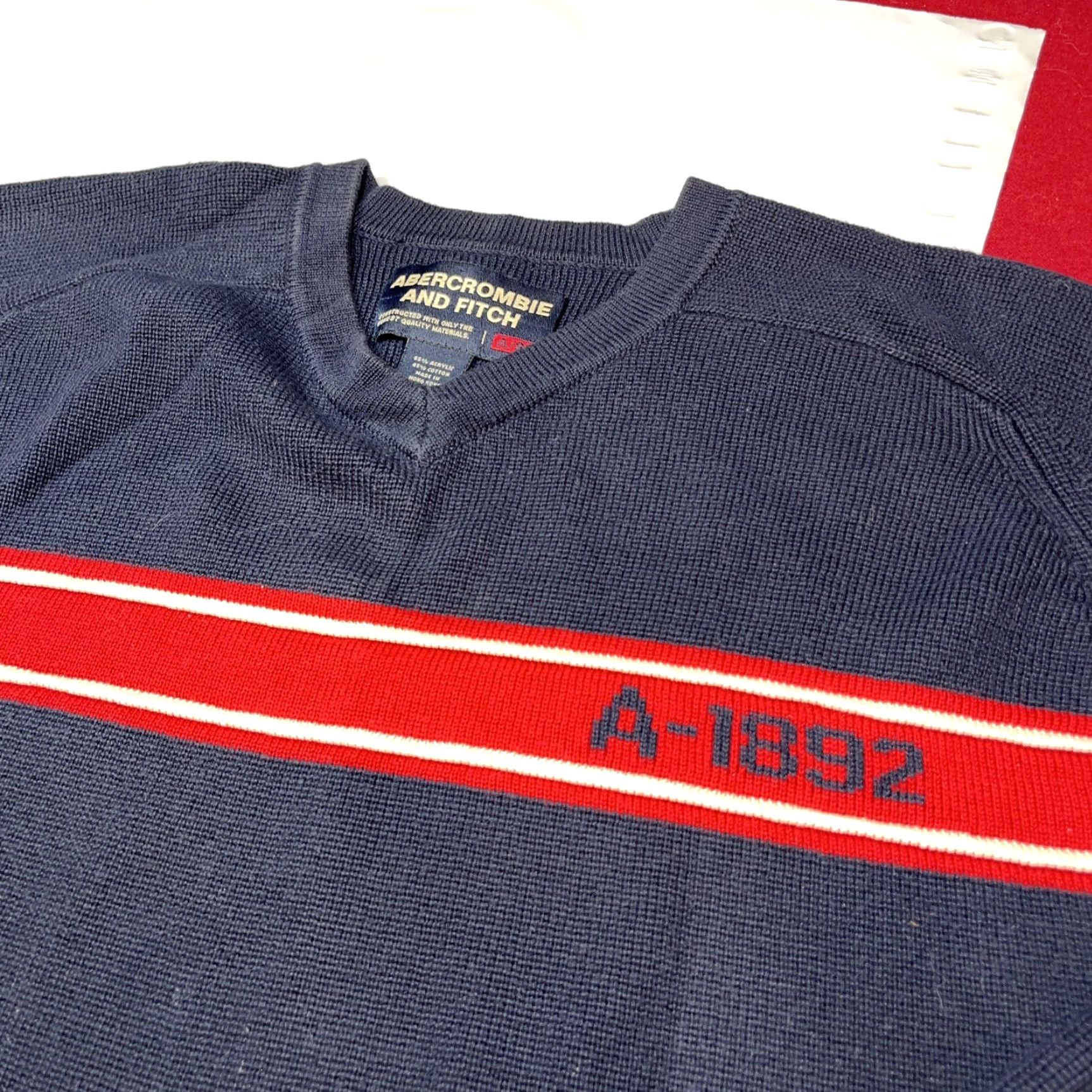 Abercrombie & Fitch VINTAGE Abercrombie & Fitch BLUE Sweater Red A-1892 STRIPE ACROSS chest Preppy Men XL Knit Pullover V-Neck 90s Size US XL / EU 56 / 4 - 3 Thumbnail