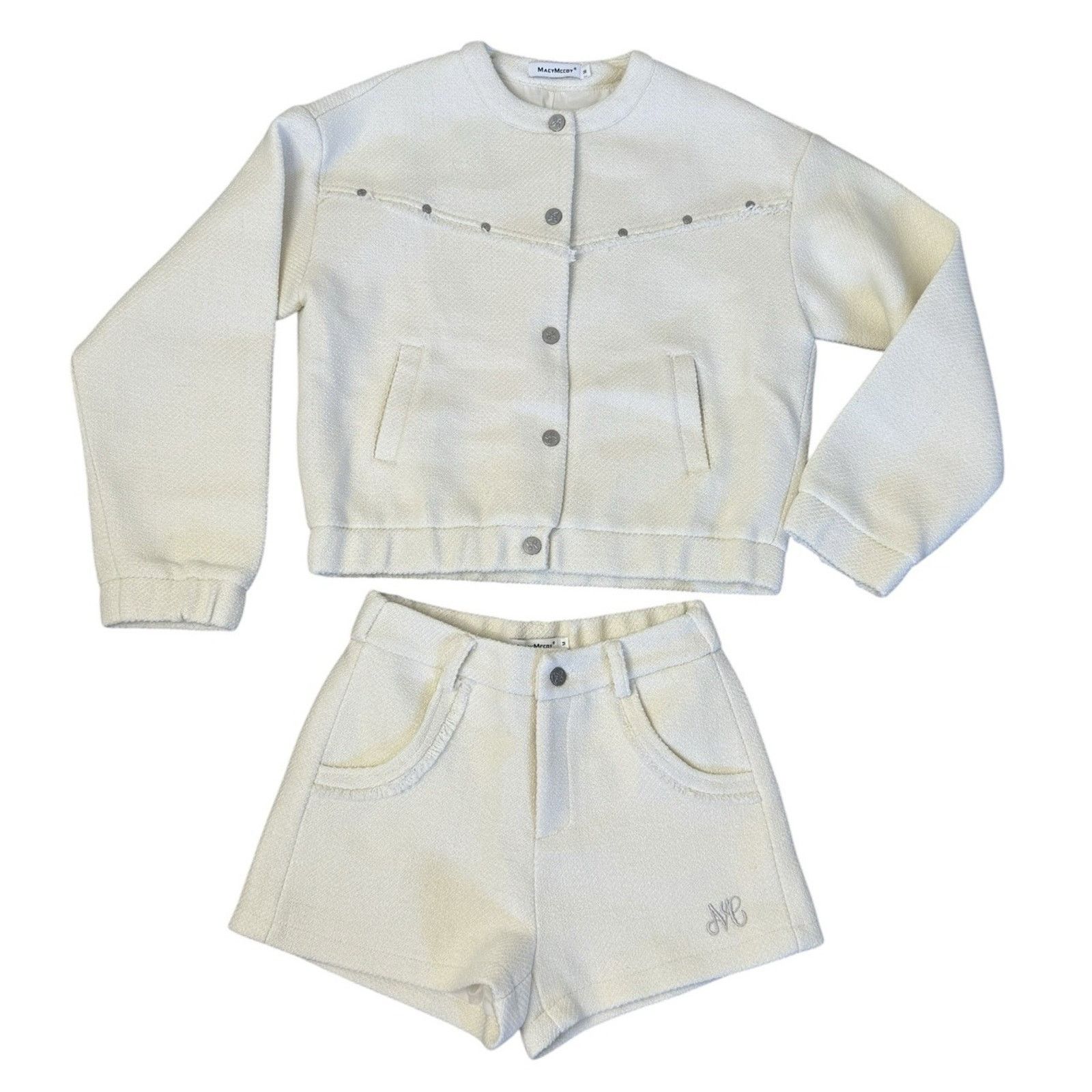 Other MACYMCCOY Ivory Studded Textured Cropped Jacket Shorts Set Size 26" / US 2 / IT 38 - 2 Thumbnail