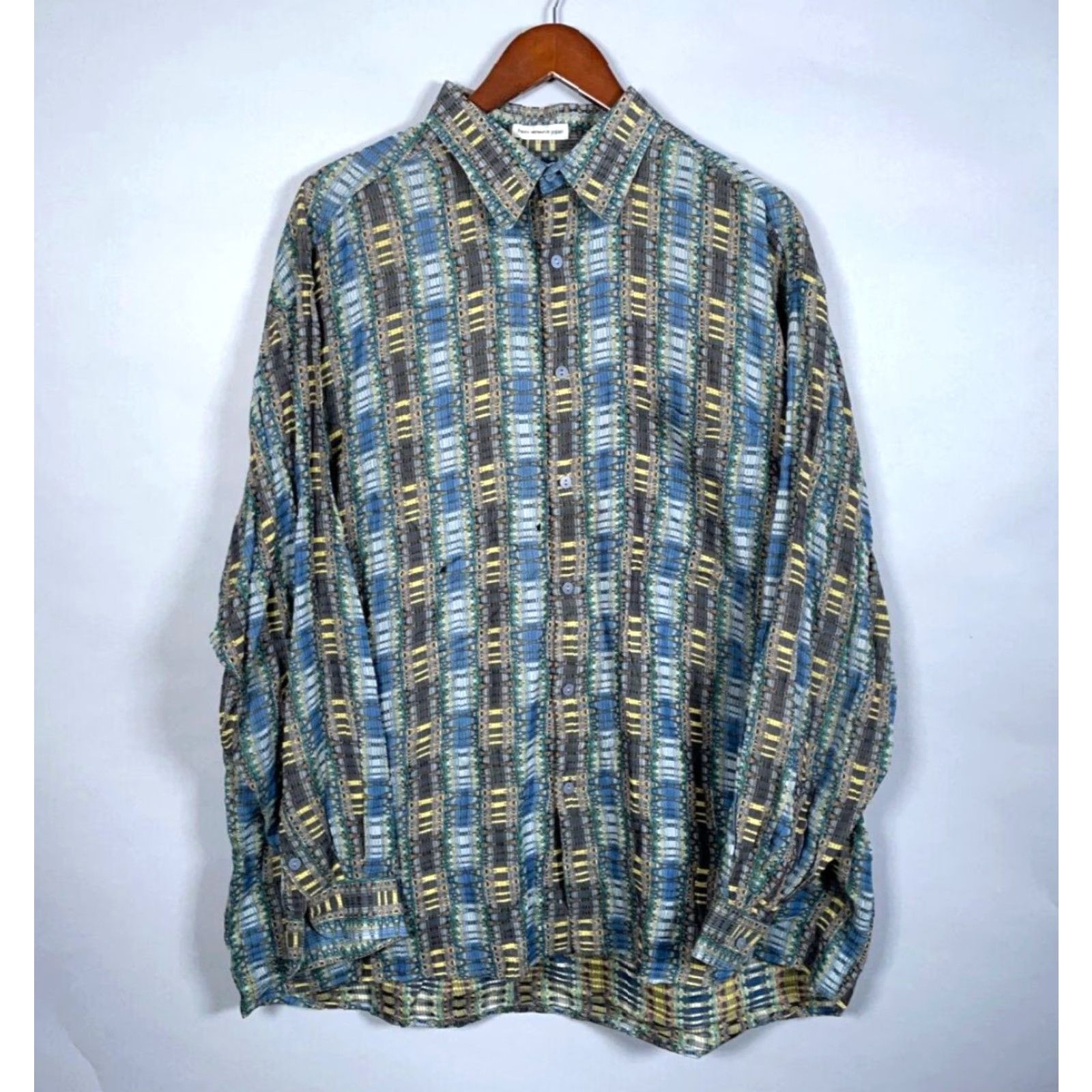 Vintage Jhane Barnes Shirt Men's XL Blue Yellow Hypnotic Check Plaid Pattern (flaws) Button-Up Long Sleeve Collared Cotton Vintage No Size US XL / EU 56 / 4 - 2 Thumbnail