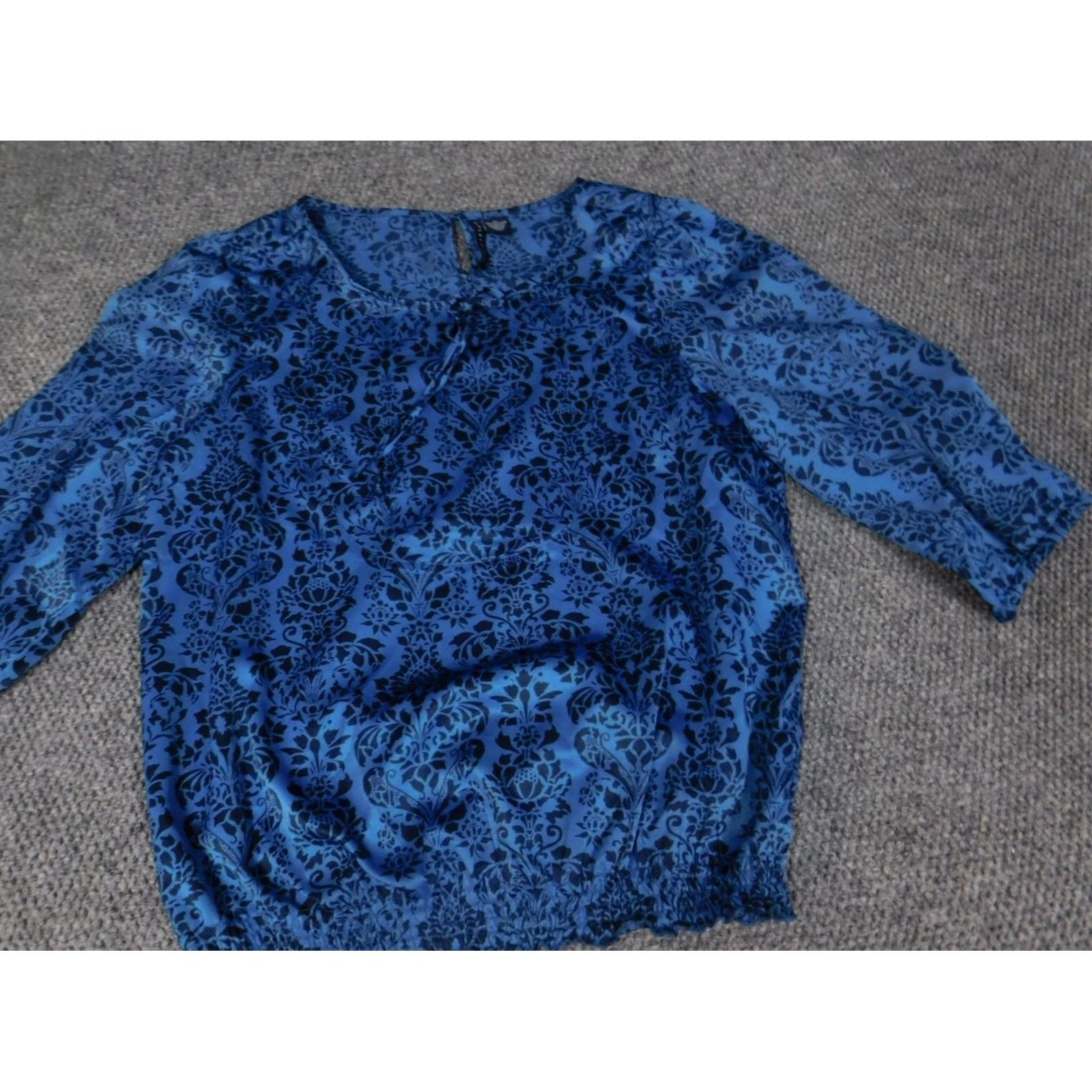 Vintage Ashley Judd Womens Blouse XL Blue Floral Crew Neck Pullover Stretch Long Sleeve Regular Fit Button Polyester Size XL / US 12-14 / IT 48-50 - 4 Thumbnail
