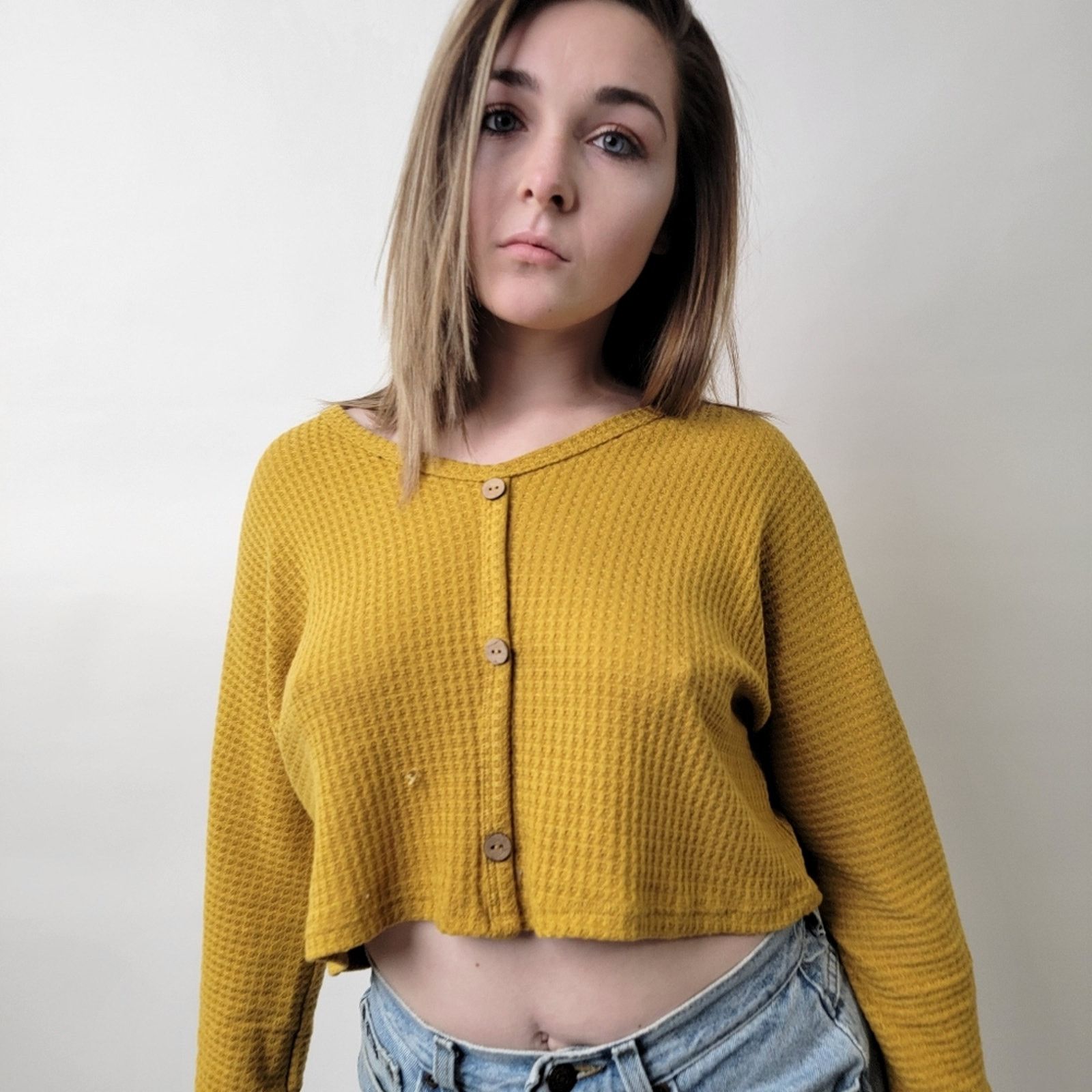 Target Basics Cropped Waffle Weave Mustard Yellow Flannel Shirt - M Size M / US 6-8 / IT 42-44 - 7 Thumbnail