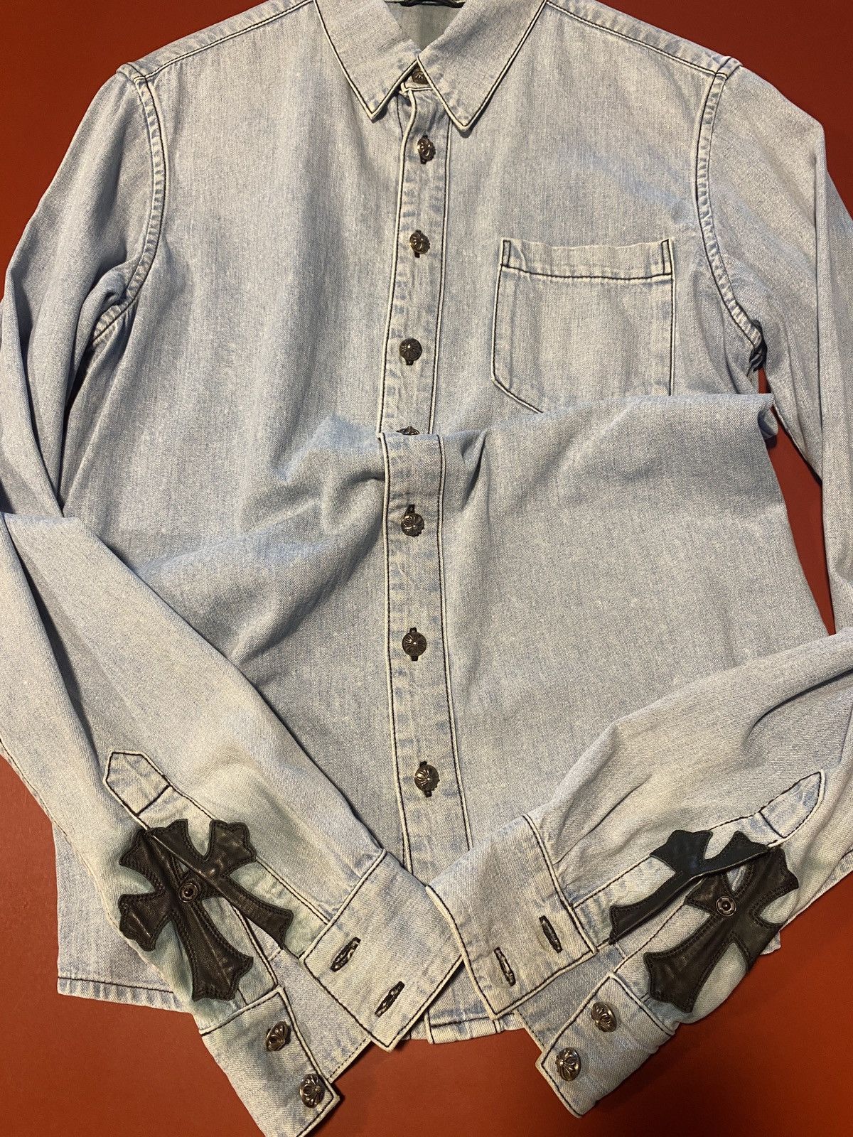 image of Chrome Hearts Vintage Denim Shirt With Leather Cross, Men's (Size Medium)