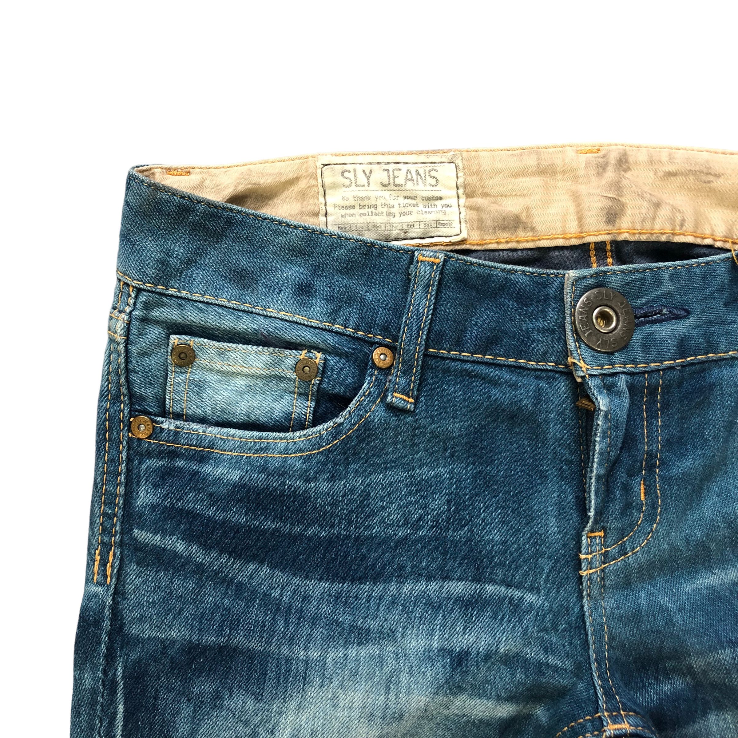 Japanese Brand TRASHED🔥 SLY JEANS COME ON IN LOW RISE DENIM PANT #7283-125 Size 31" - 3 Thumbnail