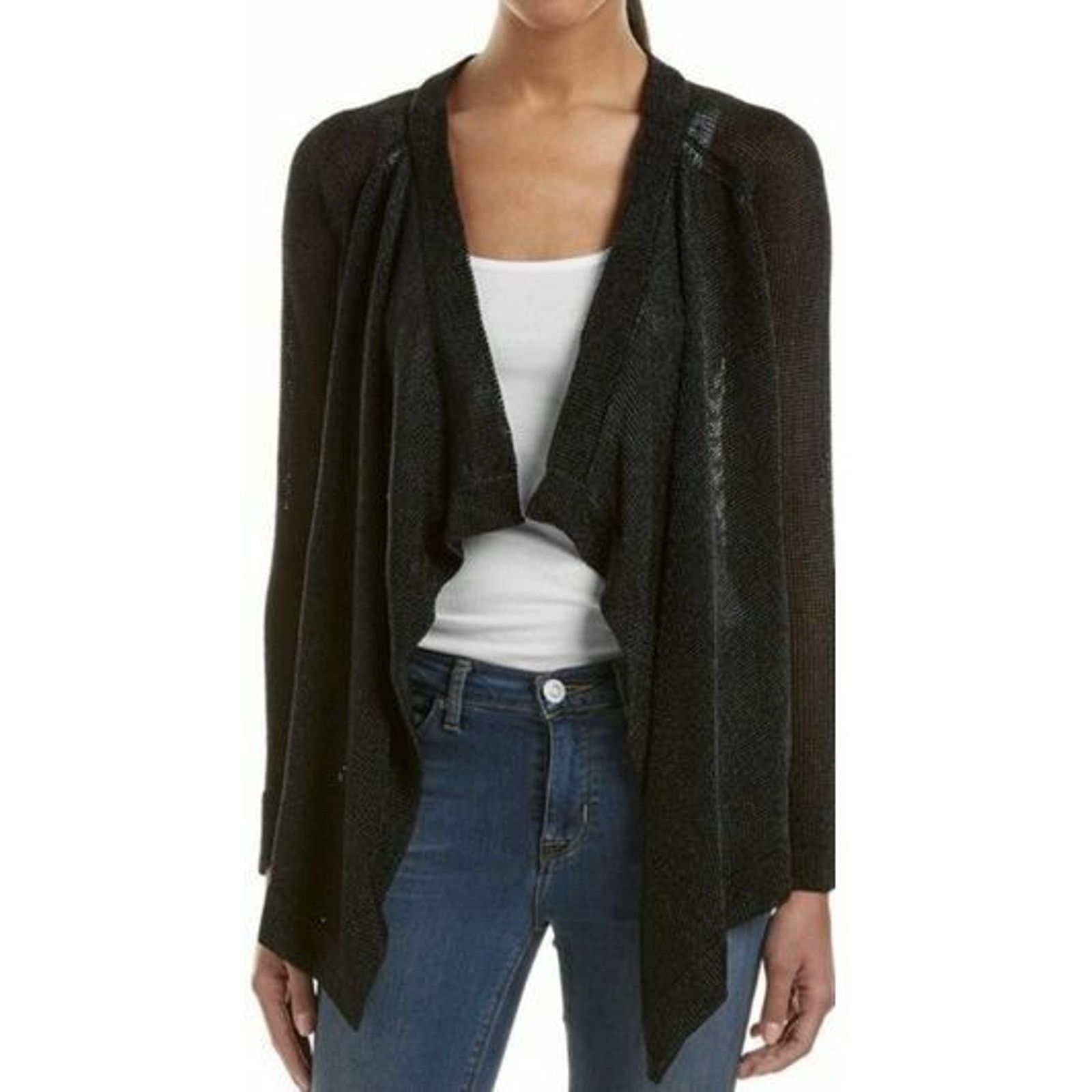 Vince VINCE Black Metallic Thread Mesh Drape Open Cardigan Sz XS Size XS / US 0-2 / IT 36-38 - 1 Thumbnail
