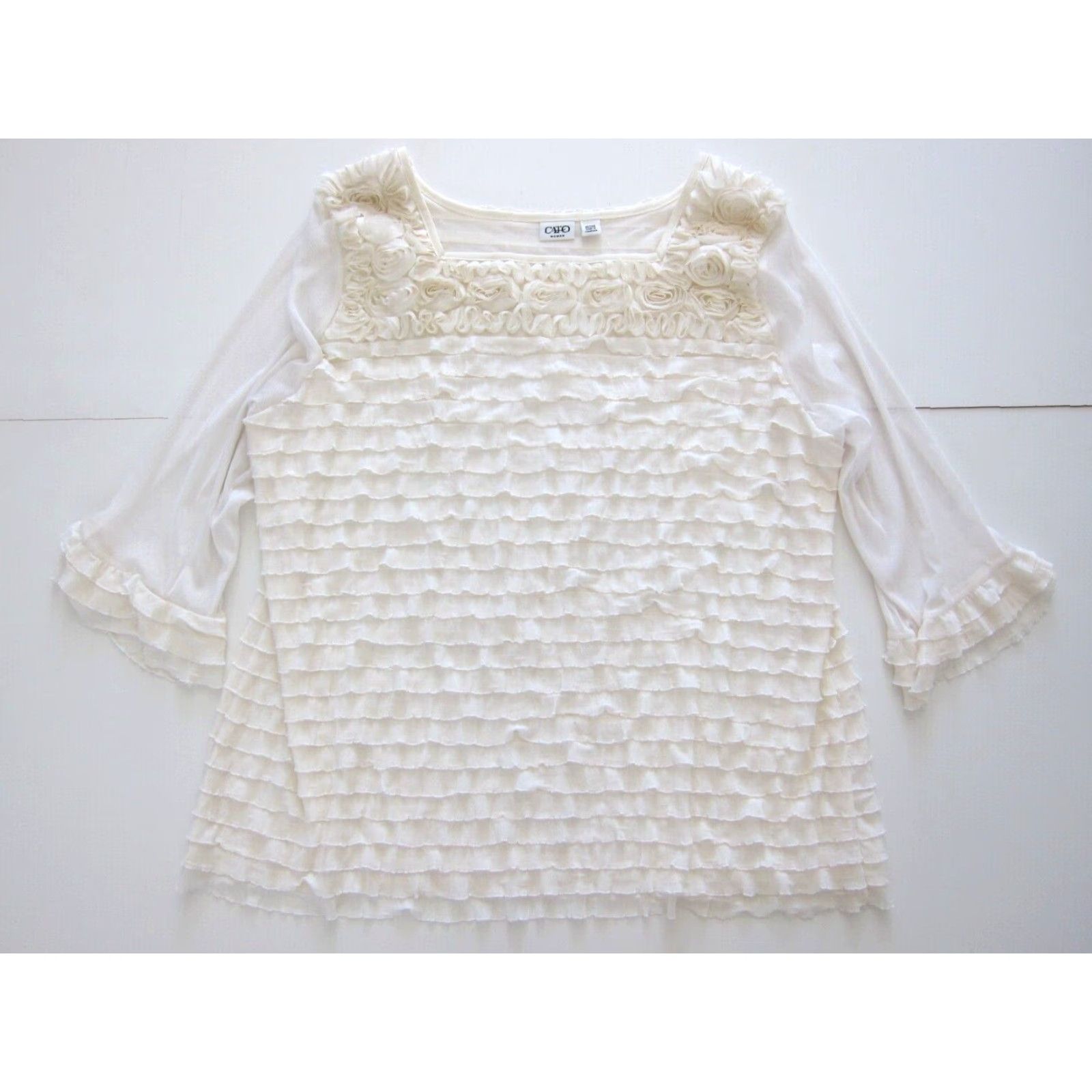 Vintage NWT CATO Woman Ivory Stretch Floral Ruffle 3/4 Sleeve Square Neck Blouse 22/24 Size 3XL / US 20-22 - 2 Thumbnail