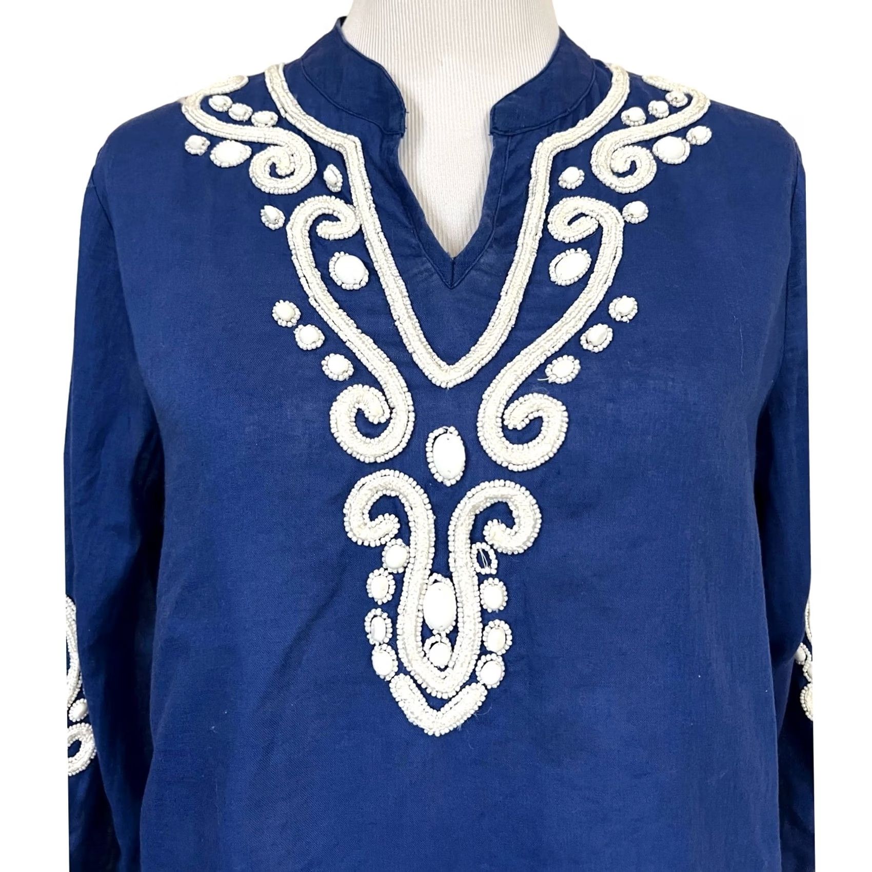 Vintage Chico's Beaded Tunic Top Linen Blend Blouse Long Sleeve Blue Women's Sz M Medium Mens? Size M / US 6-8 / IT 42-44 - 2 Thumbnail