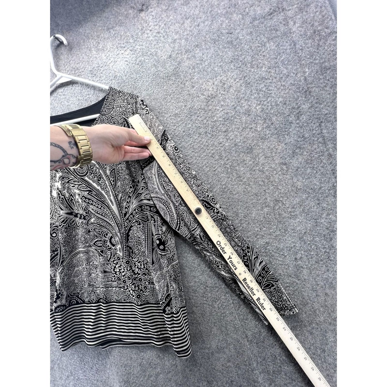 Vintage Chico's Blouse Womens 2 Black Paisley Long Sleeve Lined Top Striped Hem Shirt Size XS / US 0-2 / IT 36-38 - 7 Thumbnail