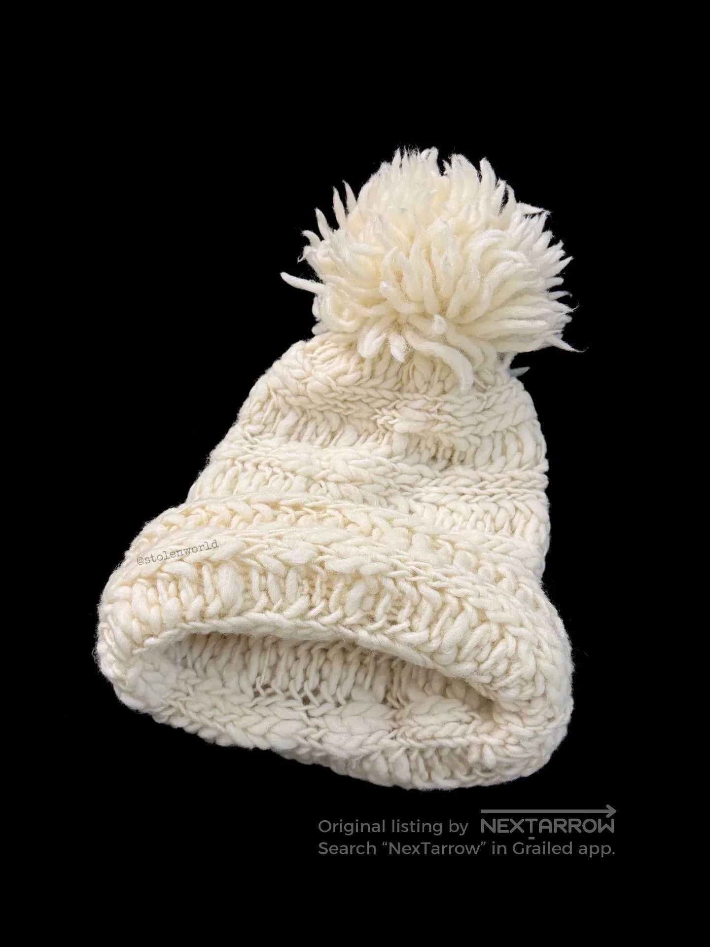 Vintage cute cream knit pom pom beanie. Size ONE SIZE - 4 Thumbnail