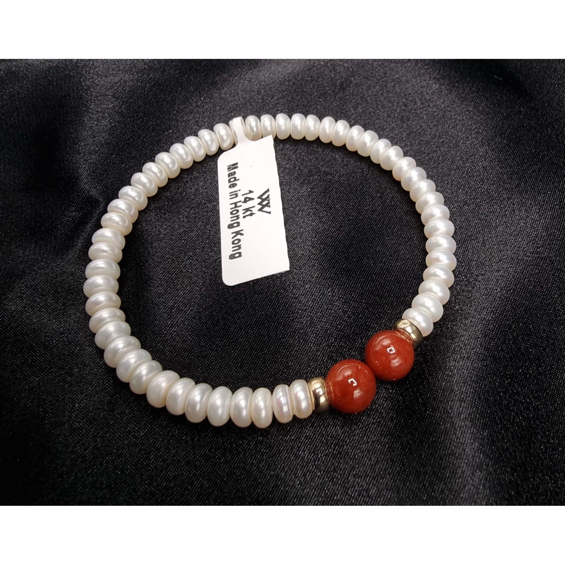 Vintage 14K Freshwater Pearl & Carnelian Bracelet Size ONE SIZE - 1 Thumbnail
