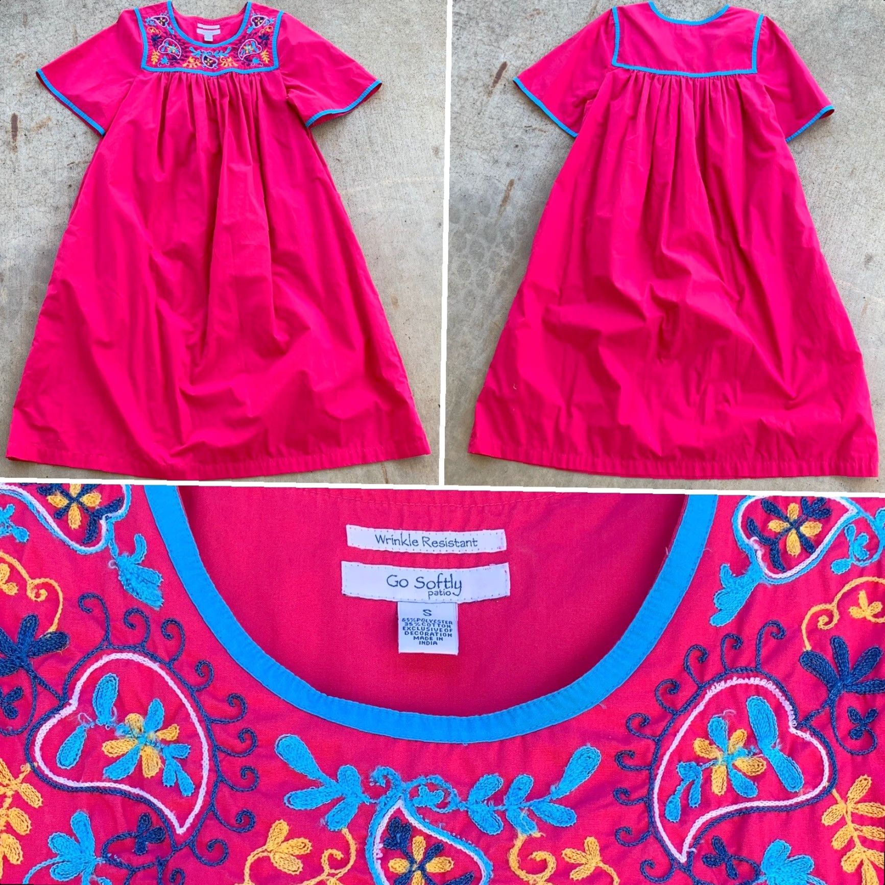 Vintage Go Softly Patio Dress Embroidered Hot Pink Muumuu Sz S Hippie Chic Boho Peasant Womens Size S / US 4 / IT 40 - 5 Thumbnail