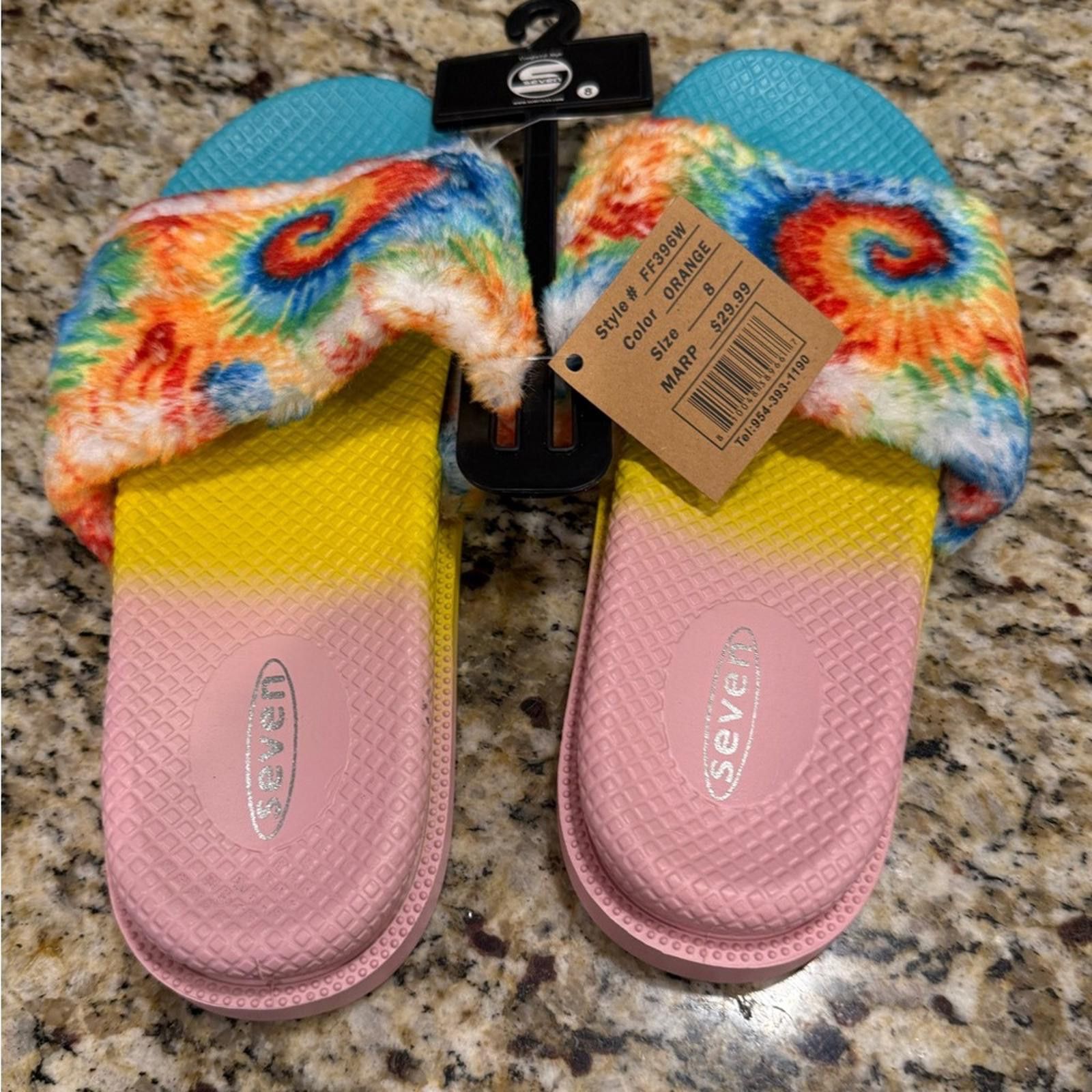 Seven 7 Seven tie dyed faux fur rainbow colored slides Size 8 Size US 8 / IT 38 - 3 Thumbnail