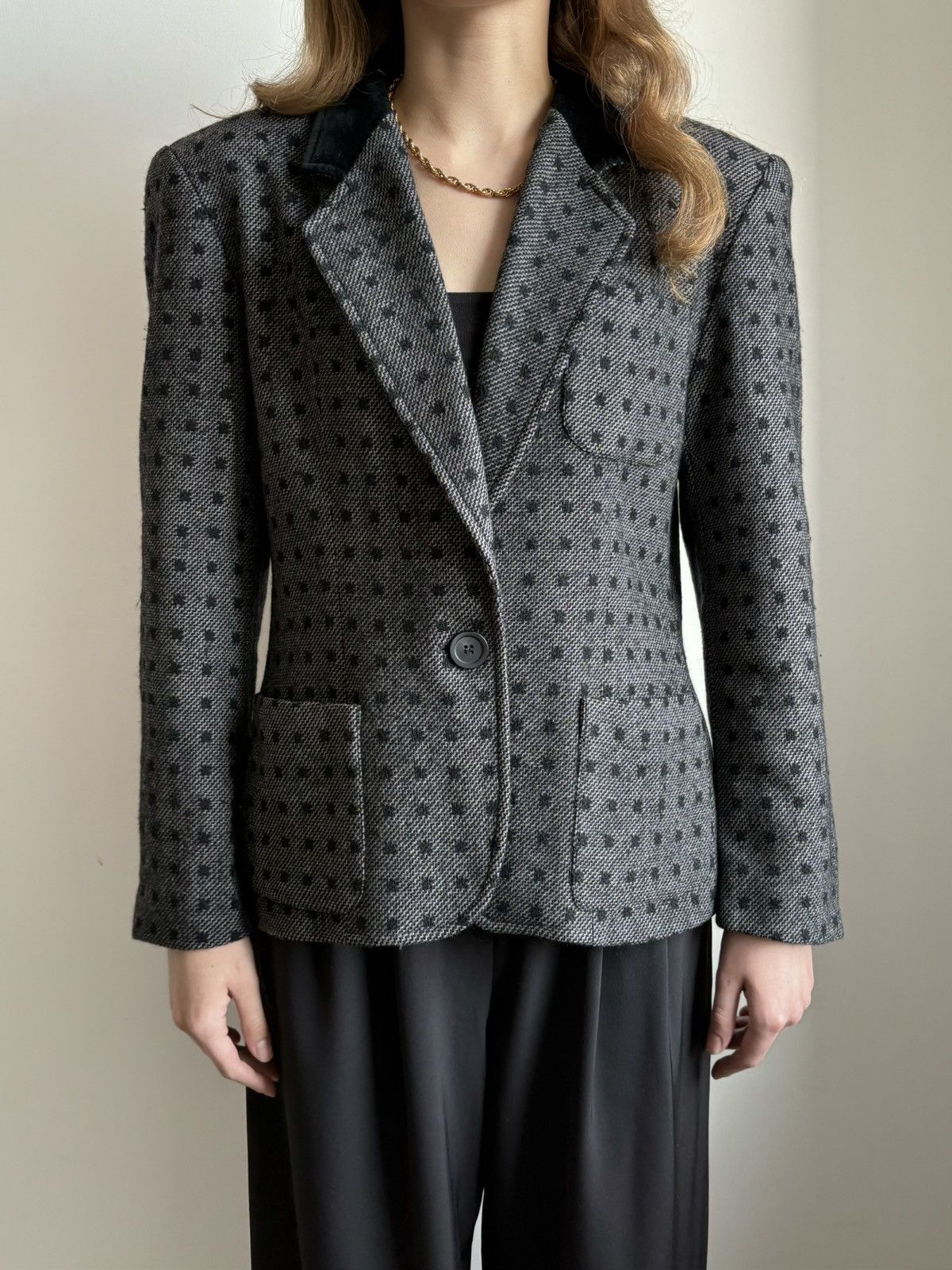 Escada × Vintage ESCADA 80s MARGARETHA LEY POLKA DOT WOOL BLAZER VELVET 38 M Size M / US 6-8 / IT 42-44 - 1 Thumbnail