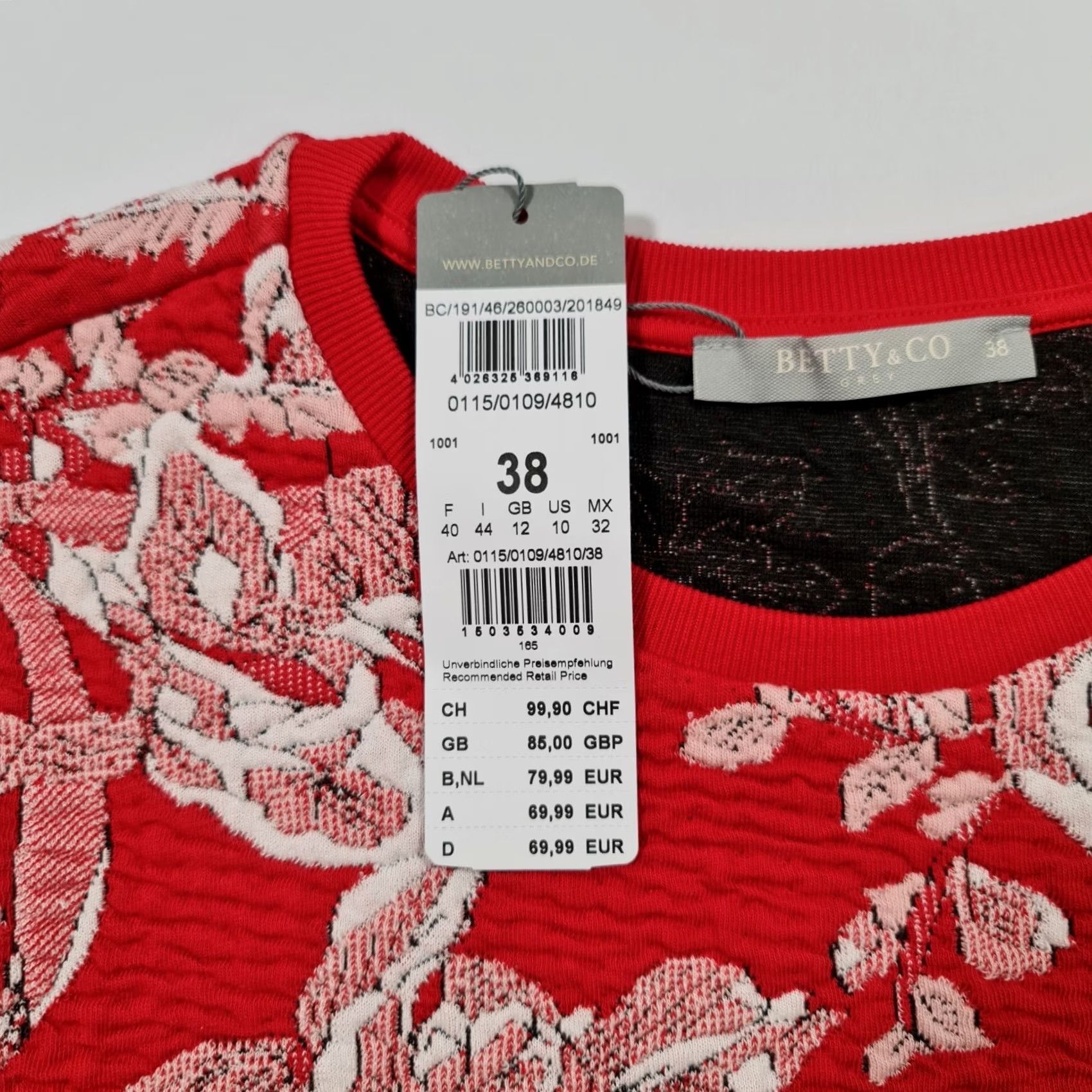 CO Betty & Co Womens Jumper Red 12 UK Floral Print Long Sleeves Stretch Top Size XL / US 12-14 / IT 48-50 - 3 Thumbnail