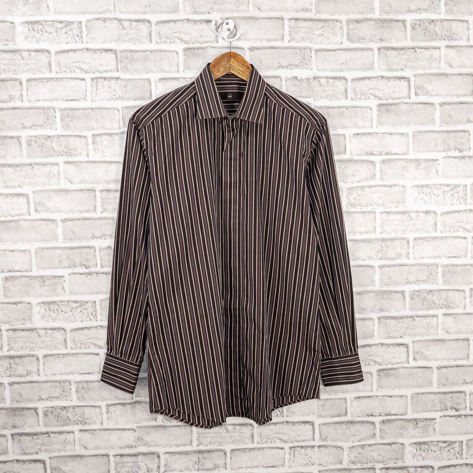 Ermenegildo Zegna Z Zegna Men's Long Sleeve Button up Shirt Brown striped Size US M / EU 48-50 / 2 - 1 Thumbnail