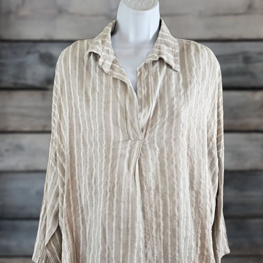 Vintage Venti6 Womens Linen Top Striped Beige White Oversized Long Sleeve Blouse S Small Collared Shirt Womens Size S / US 4 / IT 40 - 1 Thumbnail