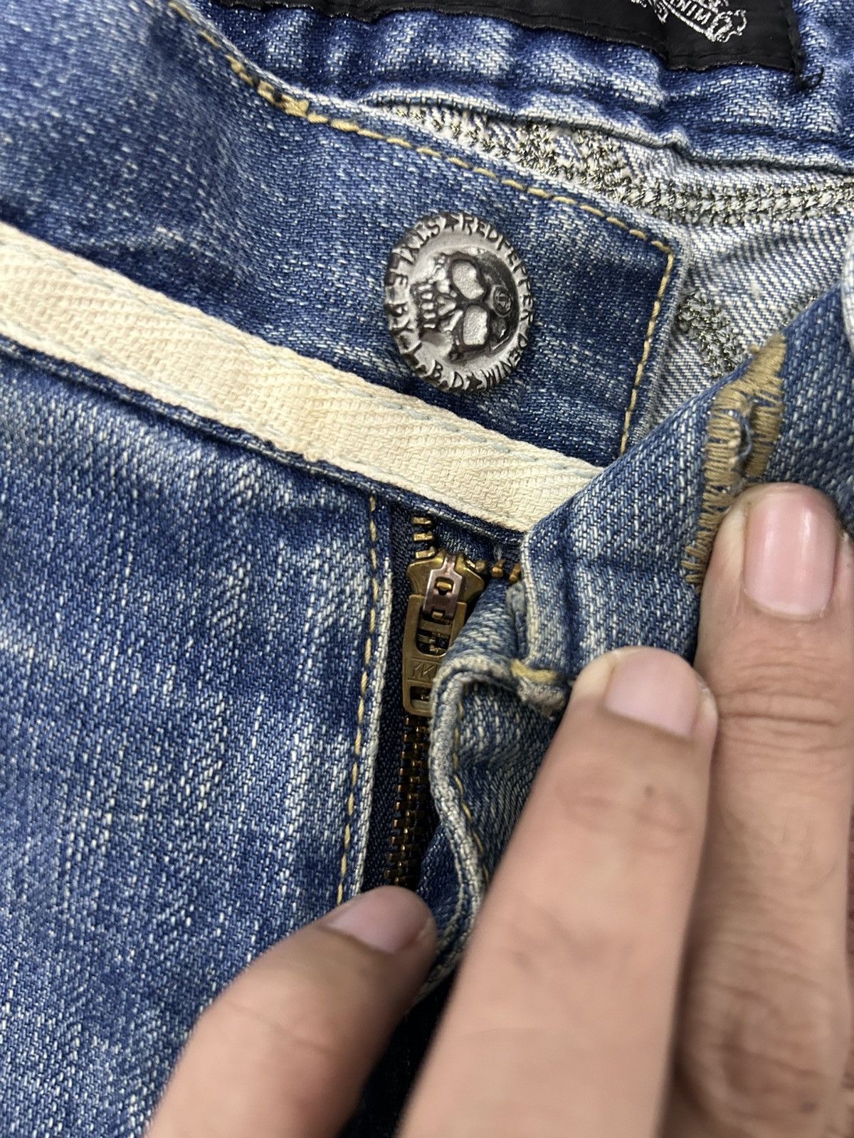 Japanese Brand × Vintage Flare Jeans Embroidered Skull Patch Distressed Denim Size US 32 / EU 48 - 18 Thumbnail