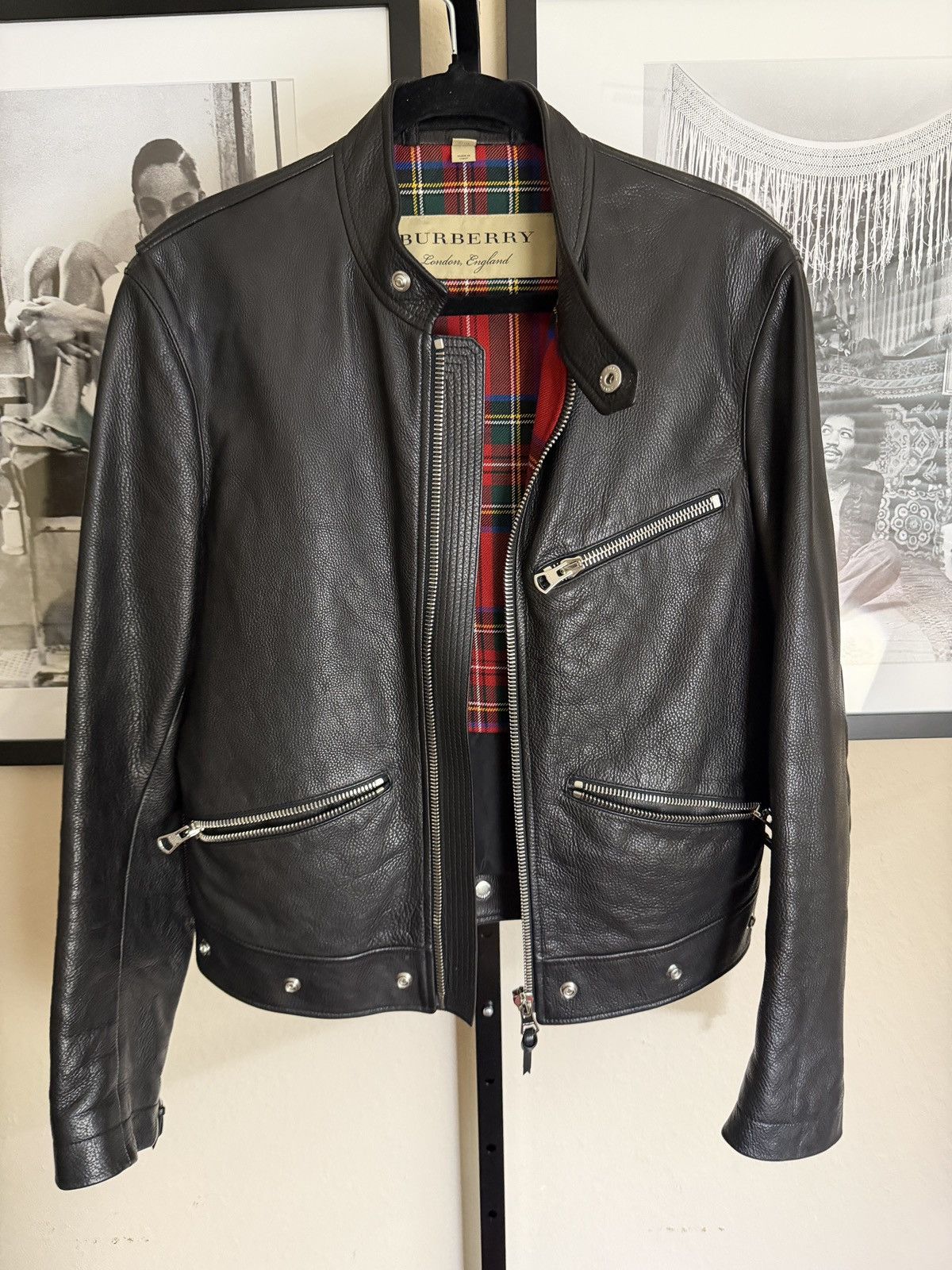 Burberry Black Leather Motorcycle Racer Jacket Sz 46eu