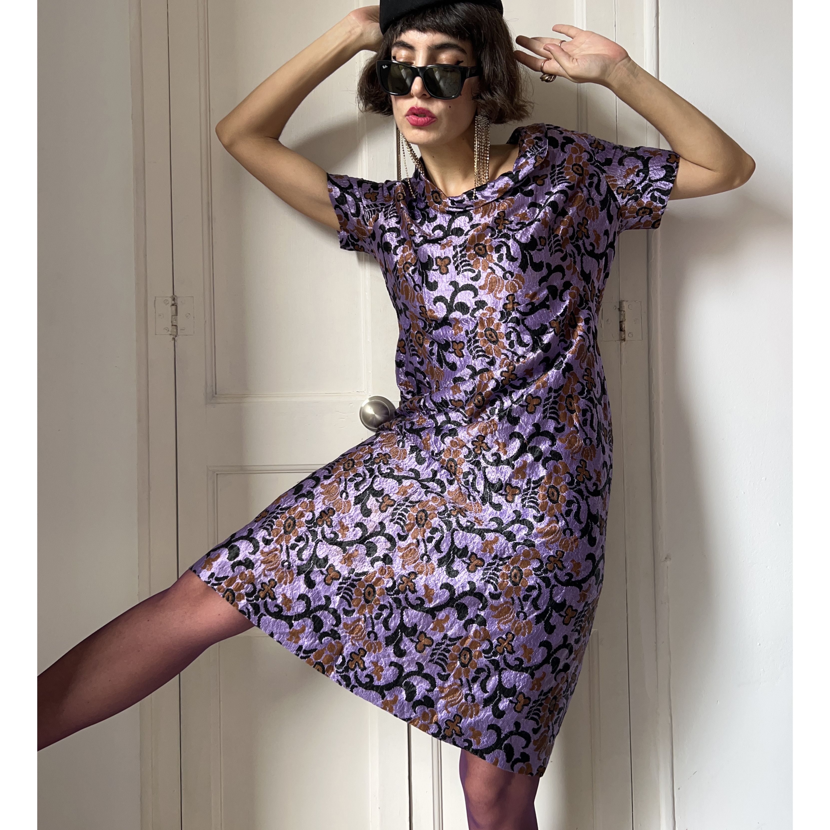 Vintage 60s Purple Floral Jacquard Brocade Midi Dress Size M / US 6-8 / IT 42-44 - 6 Thumbnail