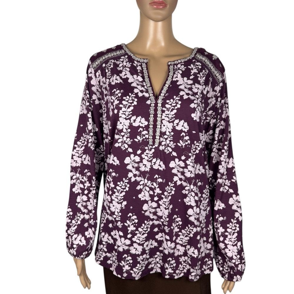 Lucky Brand NWT New $70 Lucky Brand Split Neck Purple Floral Cotton Top Size XL / US 12-14 / IT 48-50 - 2 Thumbnail