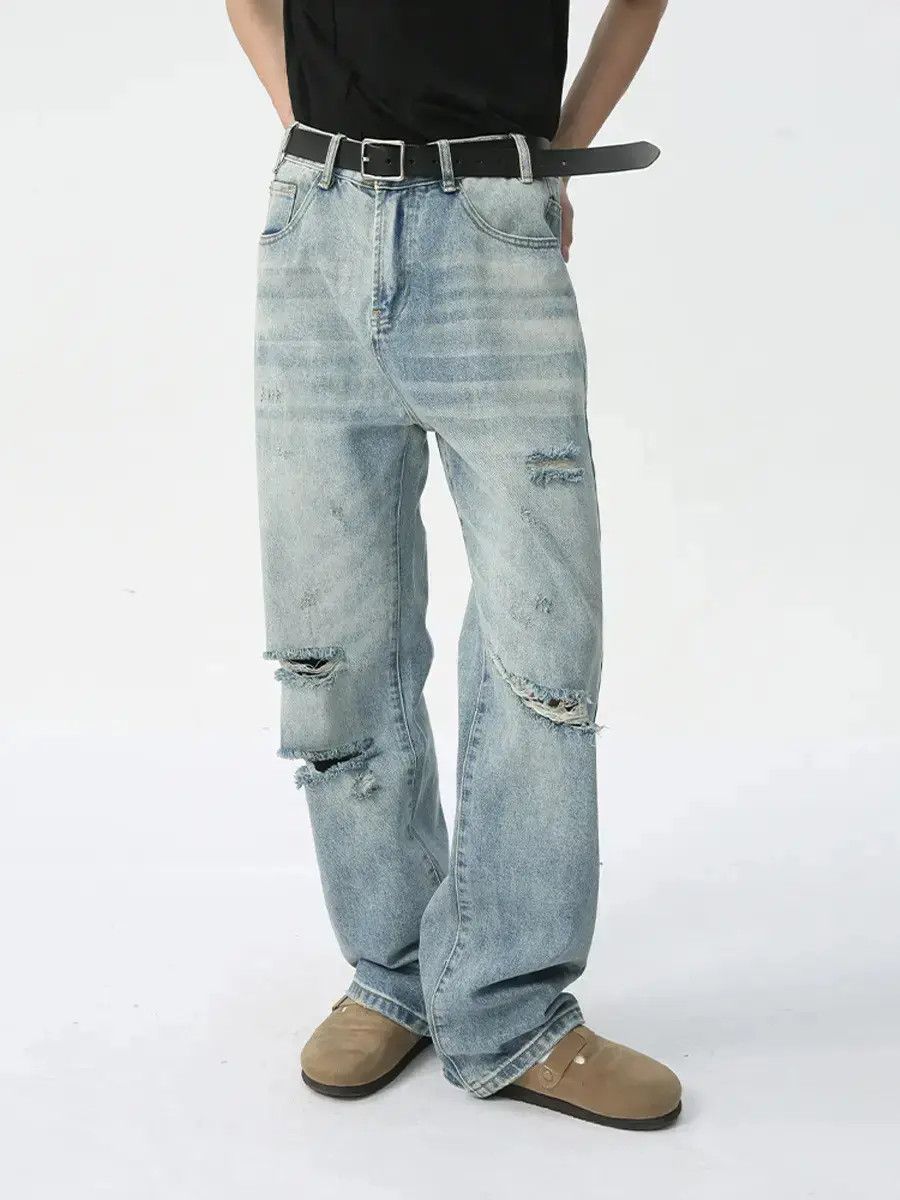 Japanese Brand Retro loose straight leg ripped jeans Size US 32 / EU 48 - 2 Thumbnail