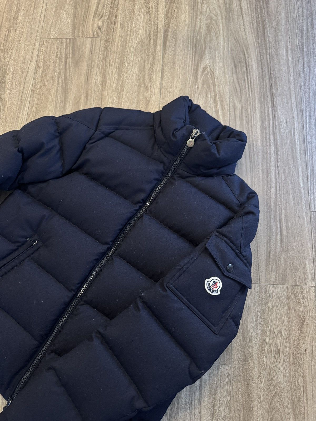 Moncler Montgenevre Hooded Wool Flannel Short Down Jacket Navy Size US XL / EU 56 / 4 - 5 Thumbnail
