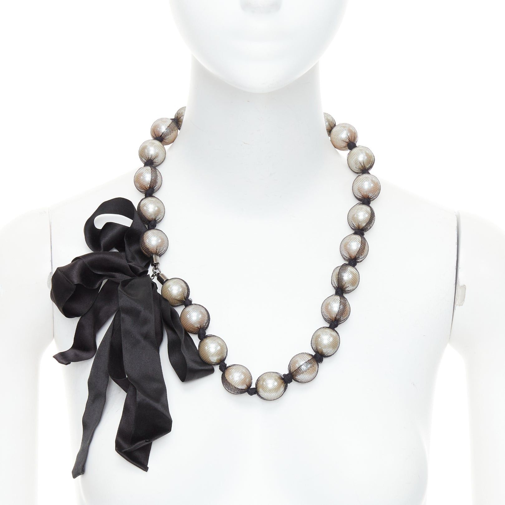 Lanvin LANVIN black wrapped large faux pearl double ribbon tie princess necklace Size ONE SIZE - 1 Thumbnail