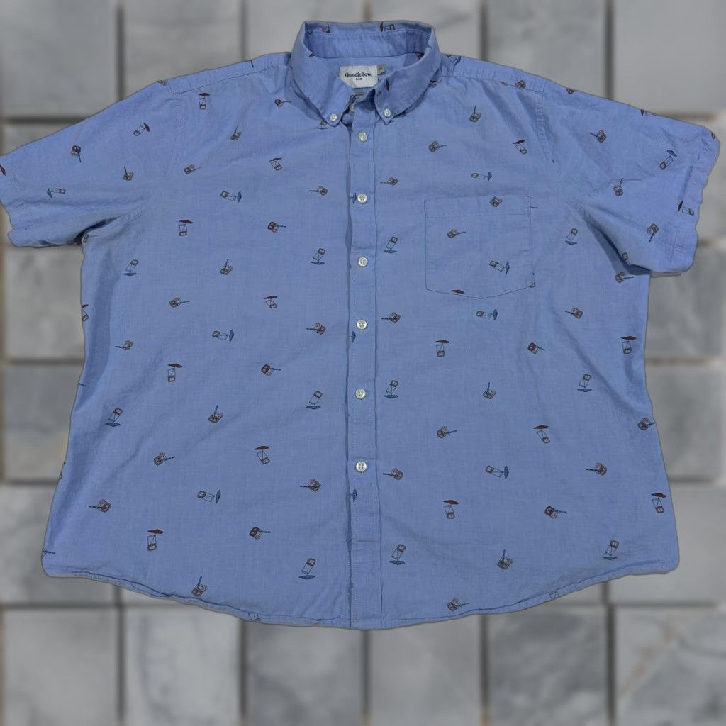 Vintage Goodfellow shirt Mens 2XL Blue Button-Up Short Sleeve Casual Vacation Happy Hour Graphic Print Collared Slim Vintage: No Size US XXL / EU 58 / 5 - 1 Thumbnail