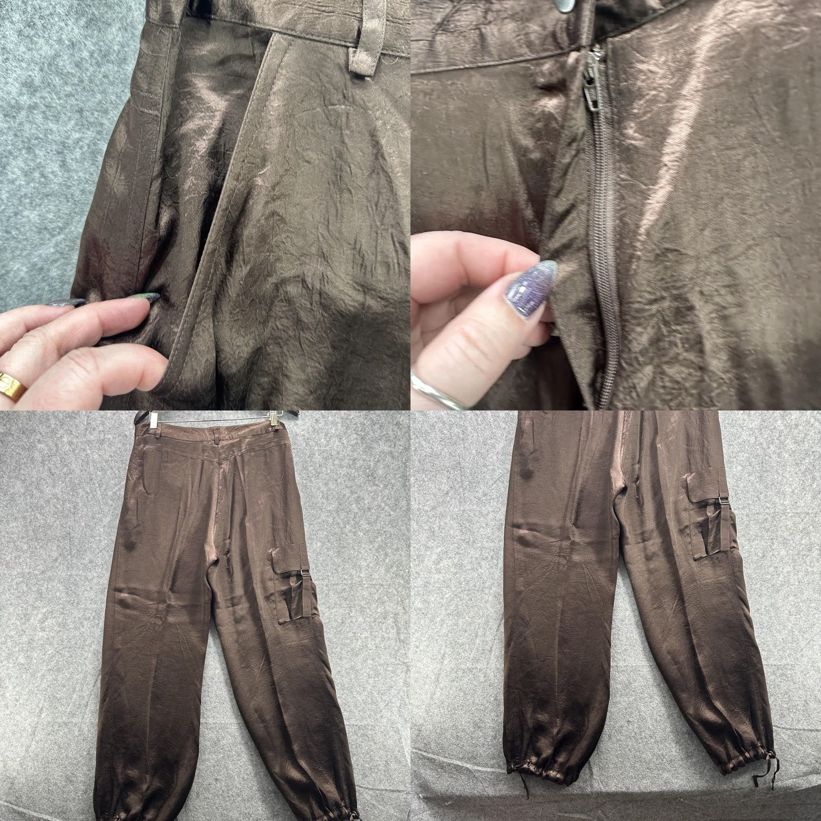 Vintage Spenser Jeremy Pants Womens 12 Brown Cargo Jogger Pleated Zip Fly Elastic Satin Tapered Pockets Cuffed Size 34" / US 12 / IT 48 - 8 Thumbnail