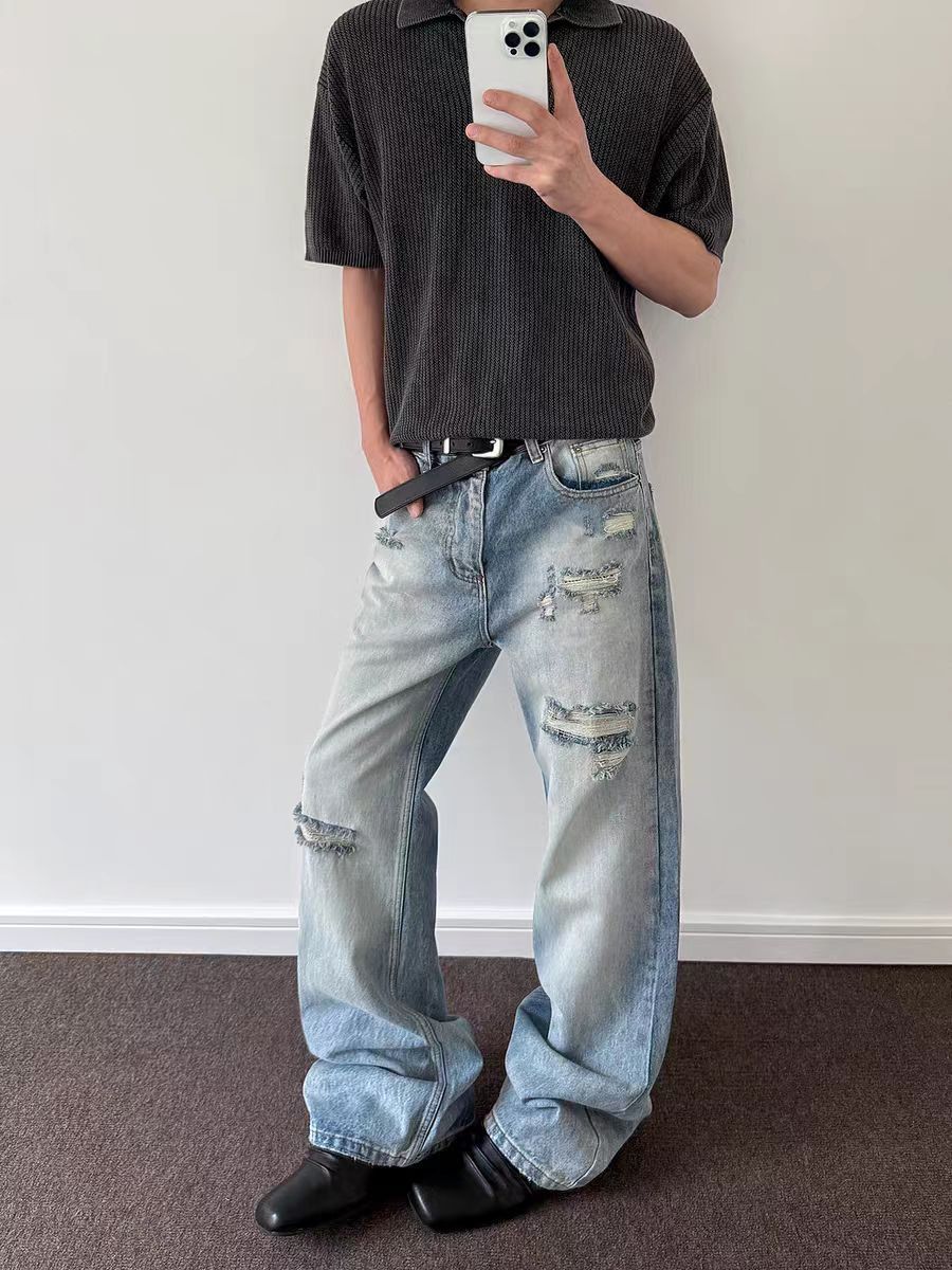 Designer × Jean × Vintage Vintage washed ripped straight leg micro flare jeans Size US 34 / EU 50 - 1 Thumbnail