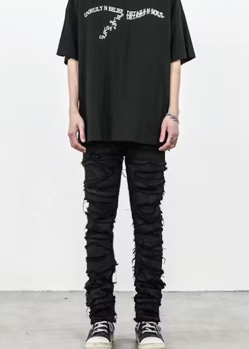 image of Distressed Denim Skinny Denim Jeans Heavy Destruction Ripped in Black, Men's (Size 30)