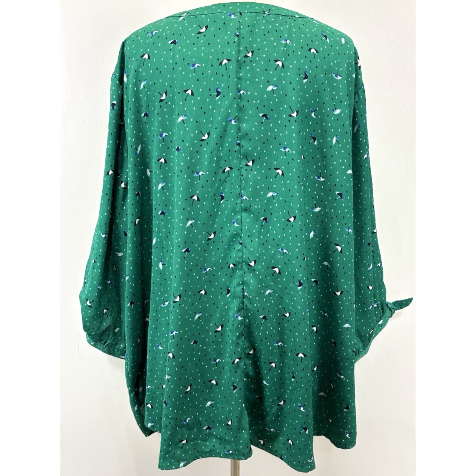 Vintage Catherines Top Blouse Womens 3X Plus Green Umbrellas Print Chiffon Tie Sleeve Button Up Size XXL / US 16-18 / IT 52-54 - 3 Thumbnail