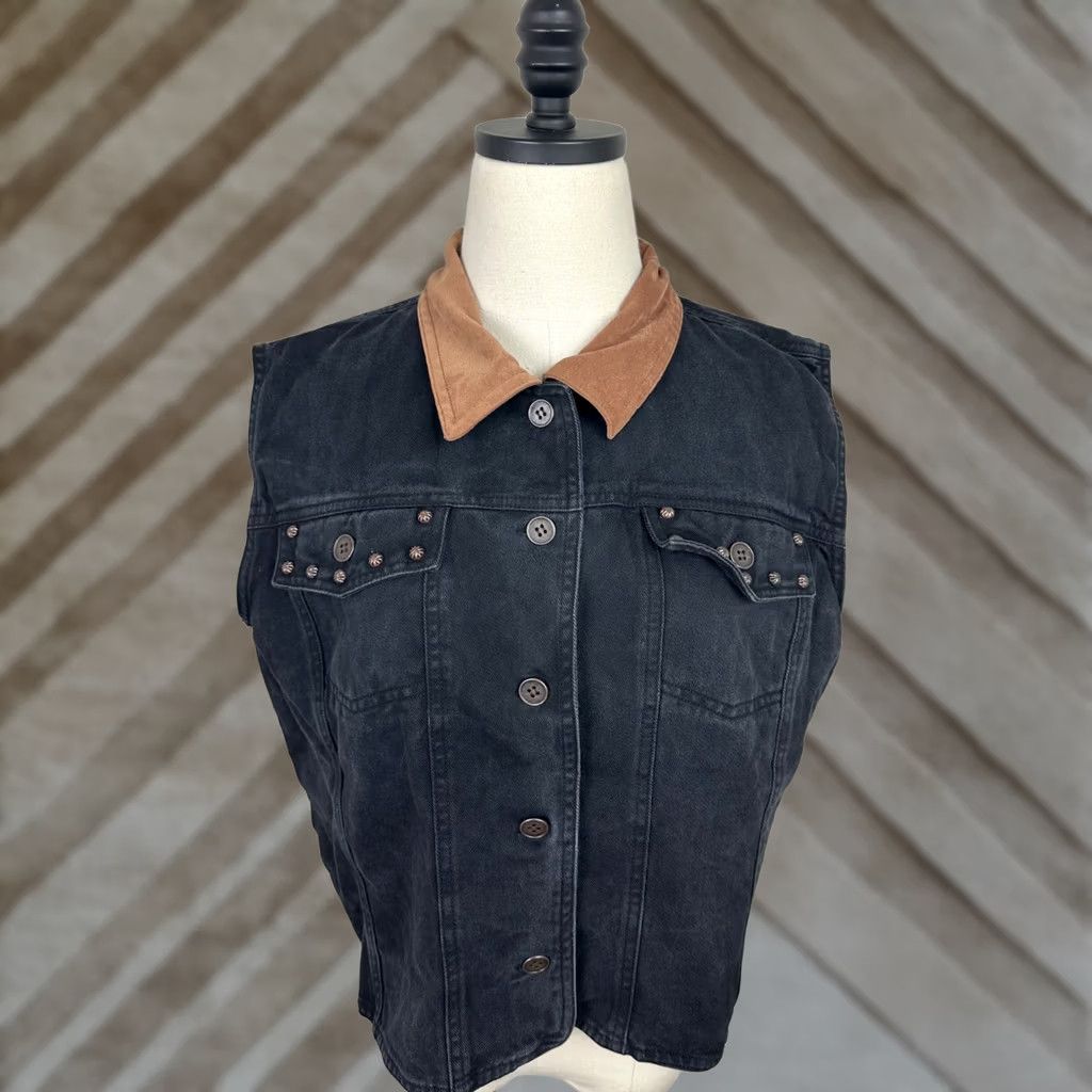 Denime VINTAGE Stonebridge Vest Western Womens XL Black Denim Faux Suede Collar Studded Size XL / US 12-14 / IT 48-50 - 1 Thumbnail