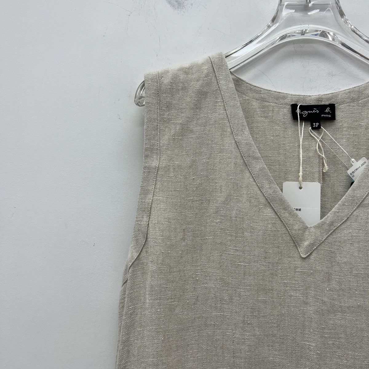 agnes b. Agnes.b Beige Grey Linen V-neck Sleeveless Dress K26WX Size XS / US 0-2 / IT 36-38 - 3 Thumbnail