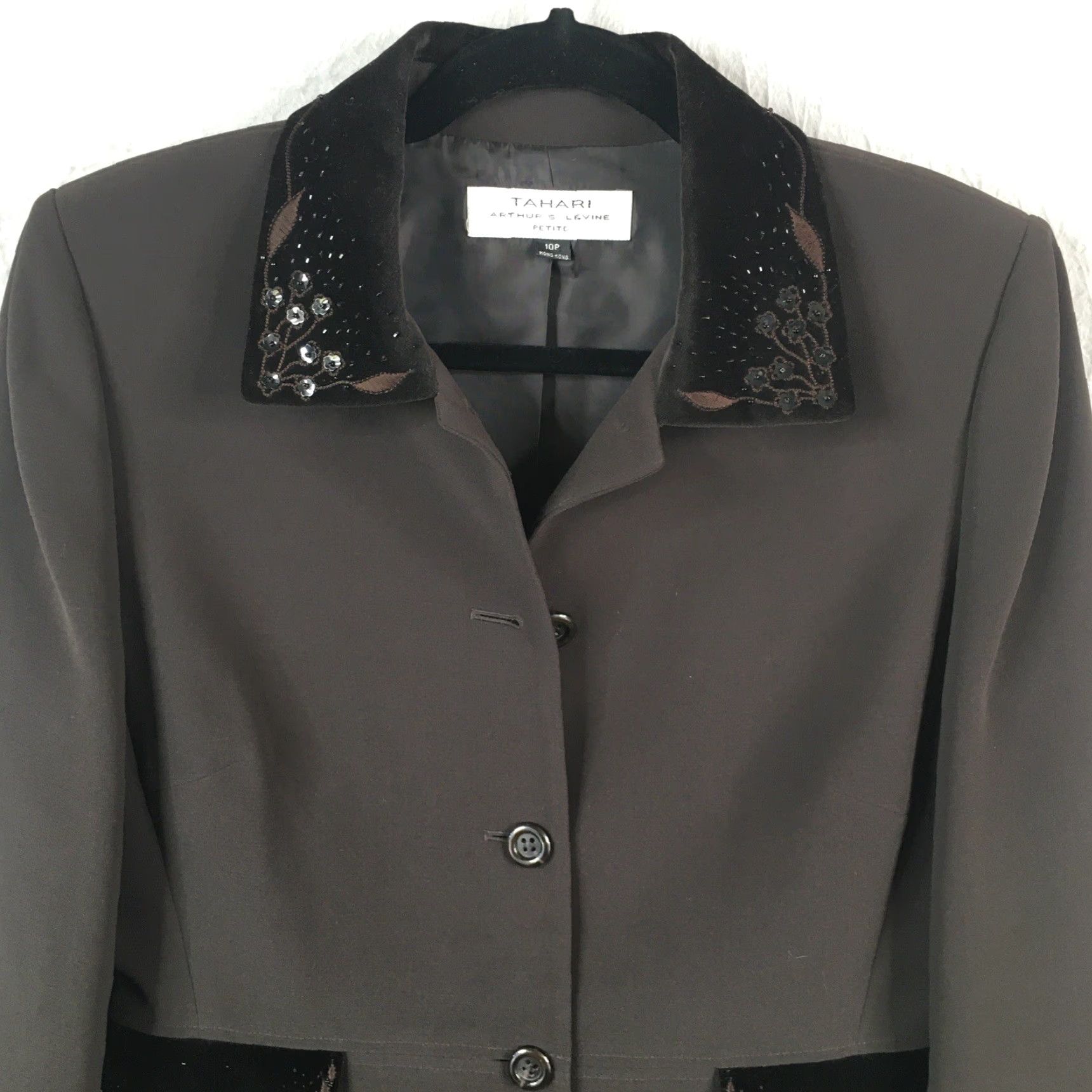 Vintage VINTAGE Tahari Blazer Womens 10P Petite Brown Velvet Beaded Embroidered Jacket - 0? Size L / US 10 / IT 46 - 3 Thumbnail